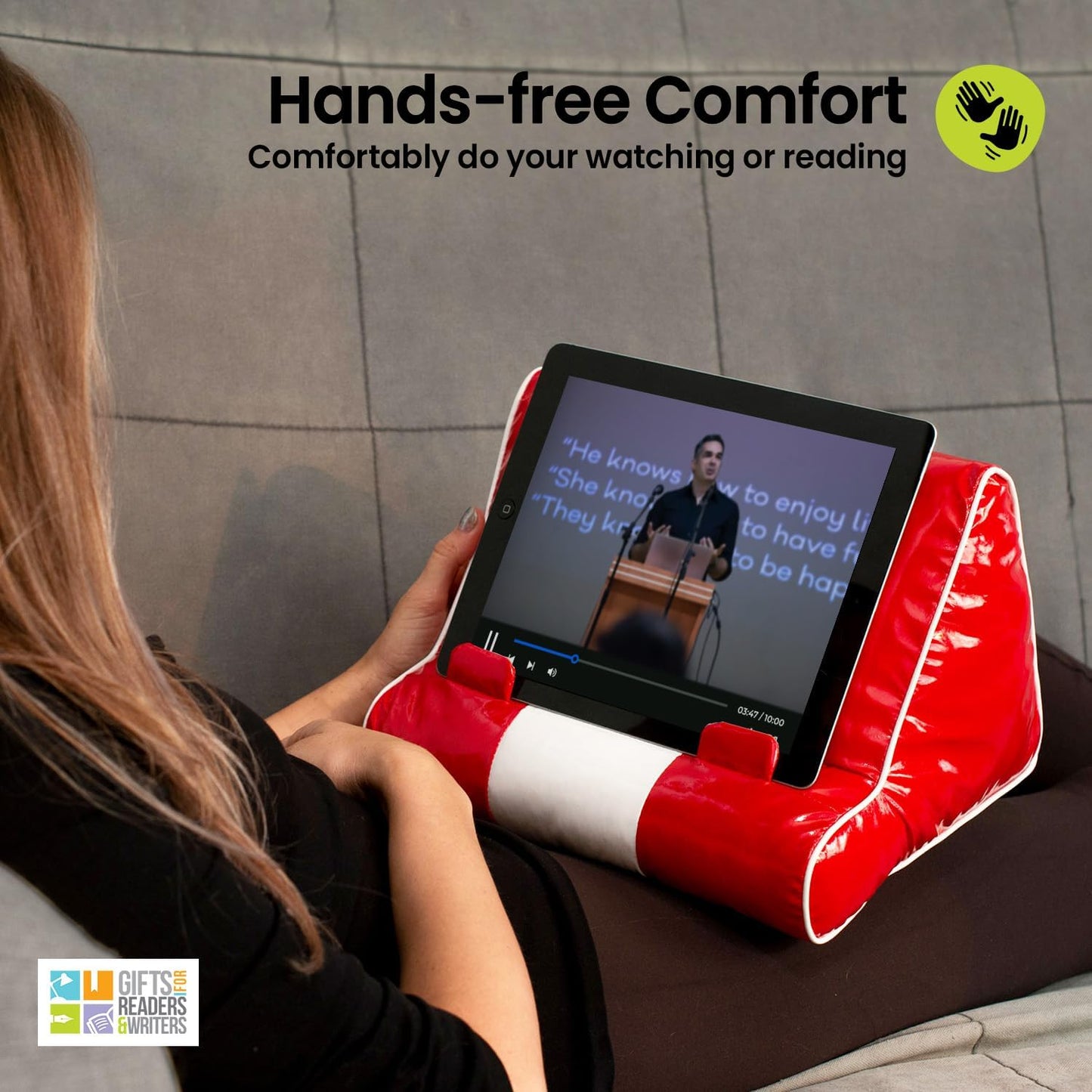 Gifts for Readers & Writers Tablet & Book Stand, Soft Reading Pillow, Book Holder with Pockets for Storage, Suitable for eReader/iPad/Kindle or Galaxy Devices, Book Couch Diner