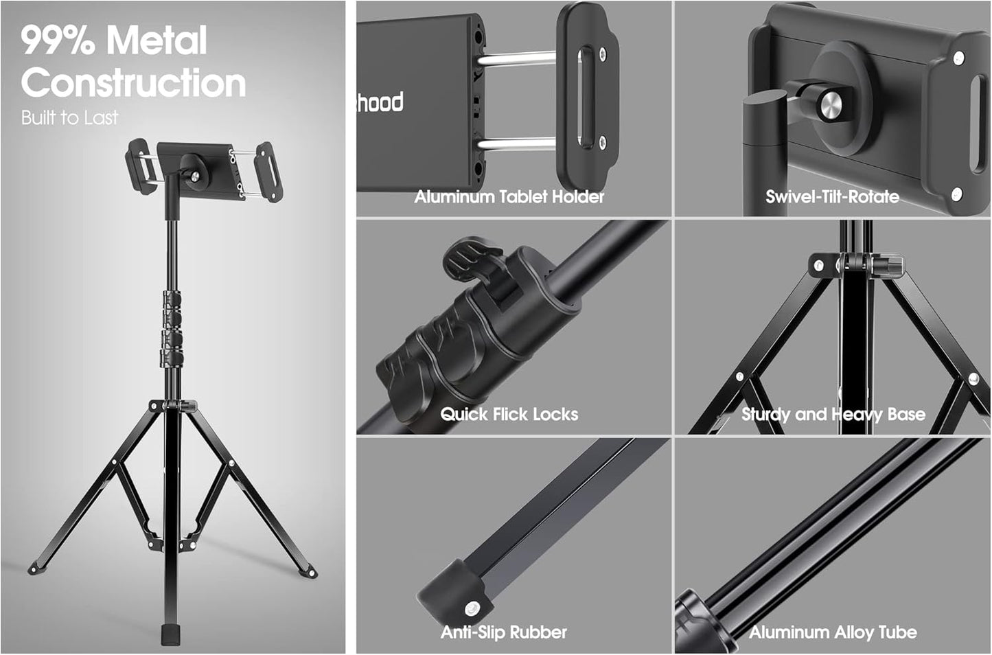 elitehood Aluminum iPad Stand Tripod, 65'' Adjustable Tablet Tripod Holder, 360 Degree Rotating iPad Holder Stand for Floor, Compatible with 4.7-13" Tablets and Phones
