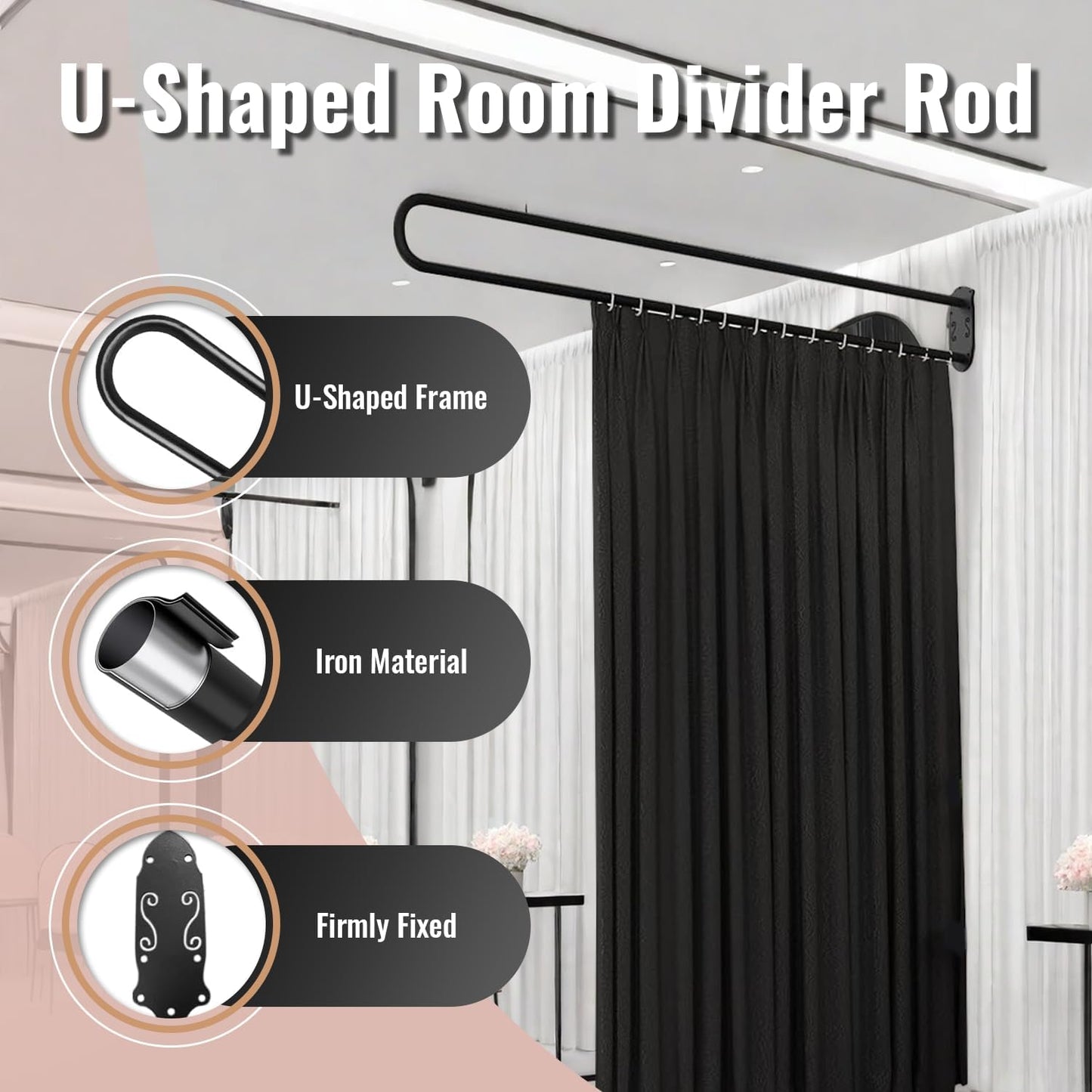 U-Shape Room Divide,Curtain for Beauty Salon,Privacy Partition Curtains with Metal Support Wall Mounted Curtains for Fitting Room, SPA, Bedroom, Room Divider,Hospital,6.56ft (Black)