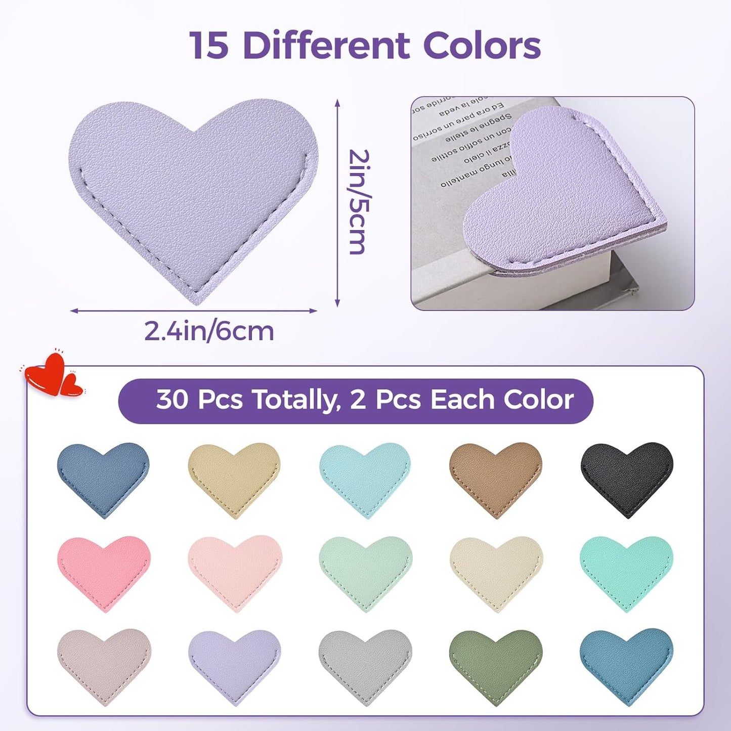30 Pcs Leather Heart Bookmarks for Women, Cute Book Marks for Reading, Ideal Gift for Home, Office, School Reading Supplies(15 Colors)