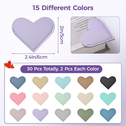 30 Pcs Leather Heart Bookmarks for Women, Cute Book Marks for Reading, Ideal Gift for Home, Office, School Reading Supplies(15 Colors)