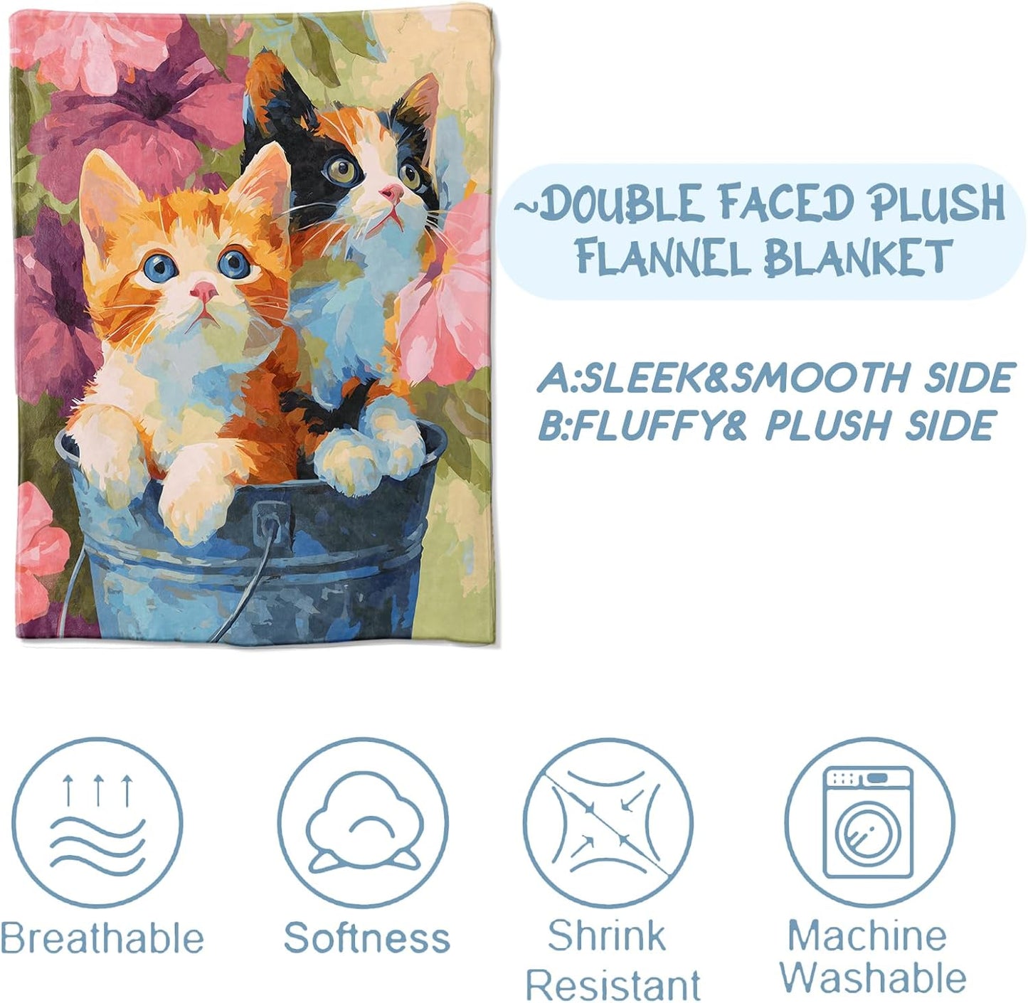 Floral Cat Flannel Blanket, Soft Cozy Throw with Flower Kitten, Lightweight Blankets for All Seasons, Colorful Oil Painting Home Sofa Bed Decor and Gifts for Women Kids Girls, 50x60 Inch