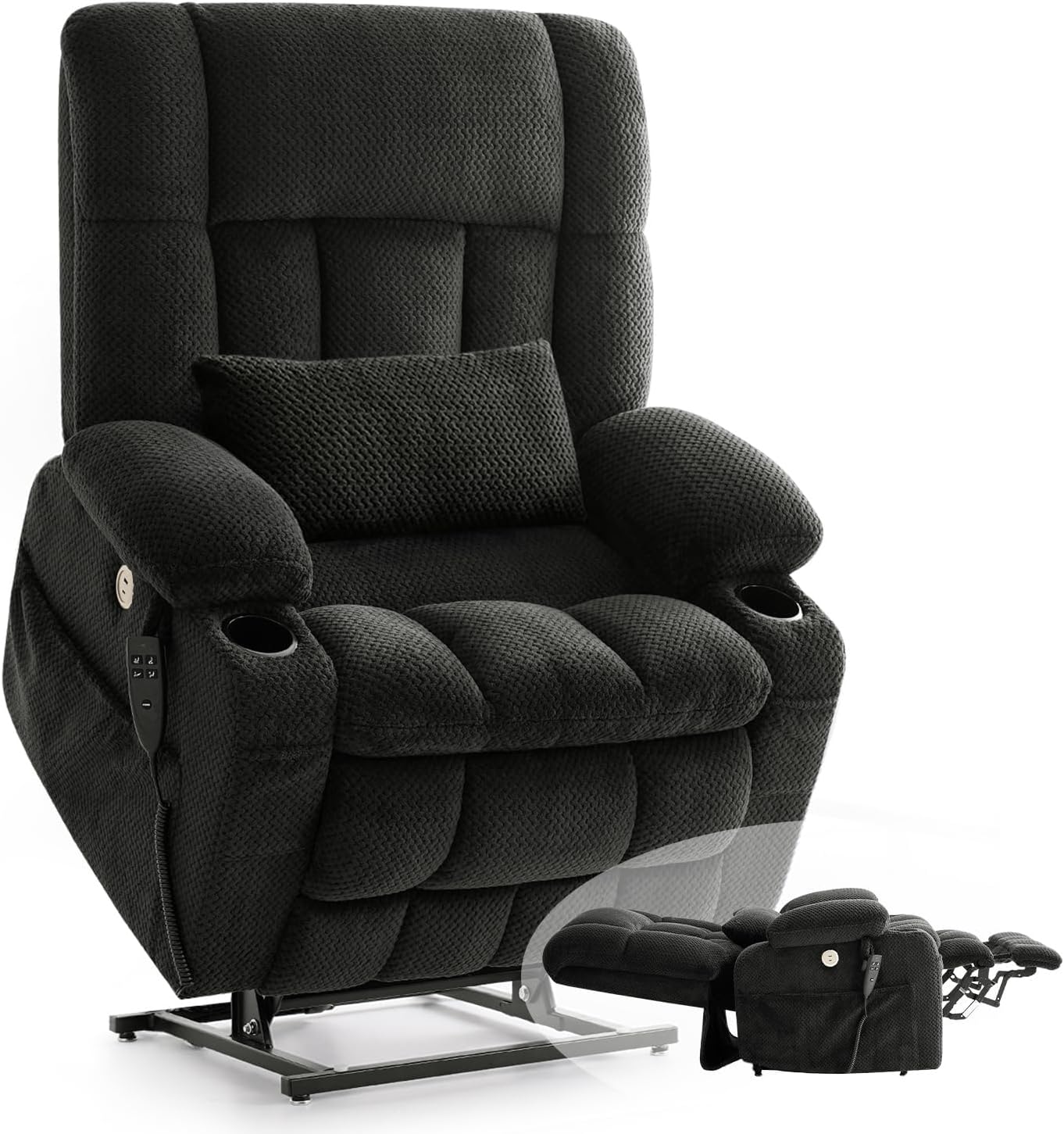 Grey Dual Motor Power Lift Recliner Chair for Elderly with Infinite Recline, Full Lay Flat, Heated Massage, Cup Holders, Soft Fabric Upholstery, Adjustable Positions, and Ergonomic Support