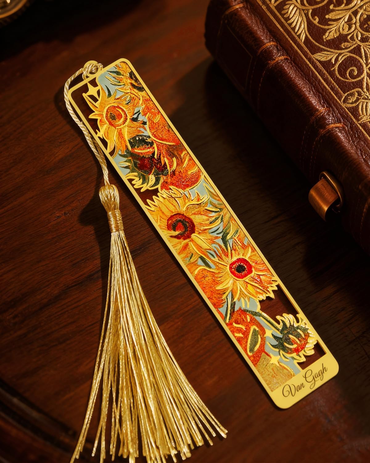 4 Pieces Metal Bookmarks with Tassel, Golden Hollow Bookmark Van Gogh Monet Oil Painting Theme Book Marker for Book Lovers Writers Readers Children Teens Men Women Adults