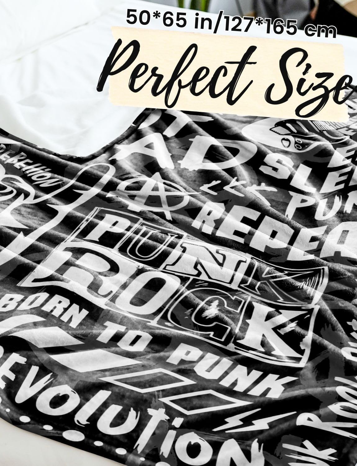 Punk Gifts, Punk Rock Blanket for Punk Lovers, Rock N Roll Lovers, Punk's Not Dead Throw Blanket, Flannel Blanket 65 x 50 Inches - Black
