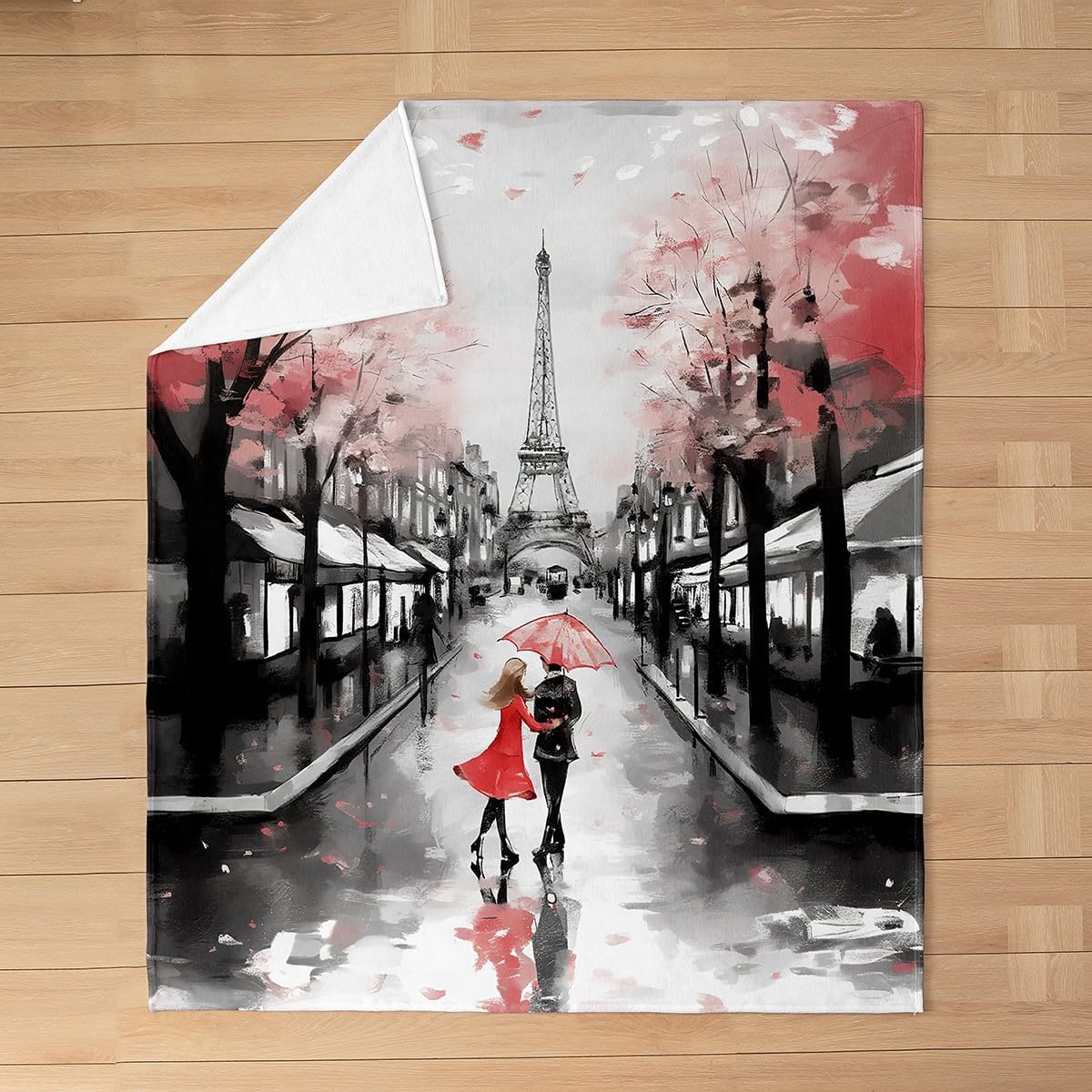 Eiffel Tower Flannel Fleece Throw Blanket,Paris Street Scenes All Season Bed Blanket Fuzzy Blanket For Bed Sofa Couch,Romantic Valentines Red Trip Design Bedroom Decor Plush Blanket Throw 50"x60"