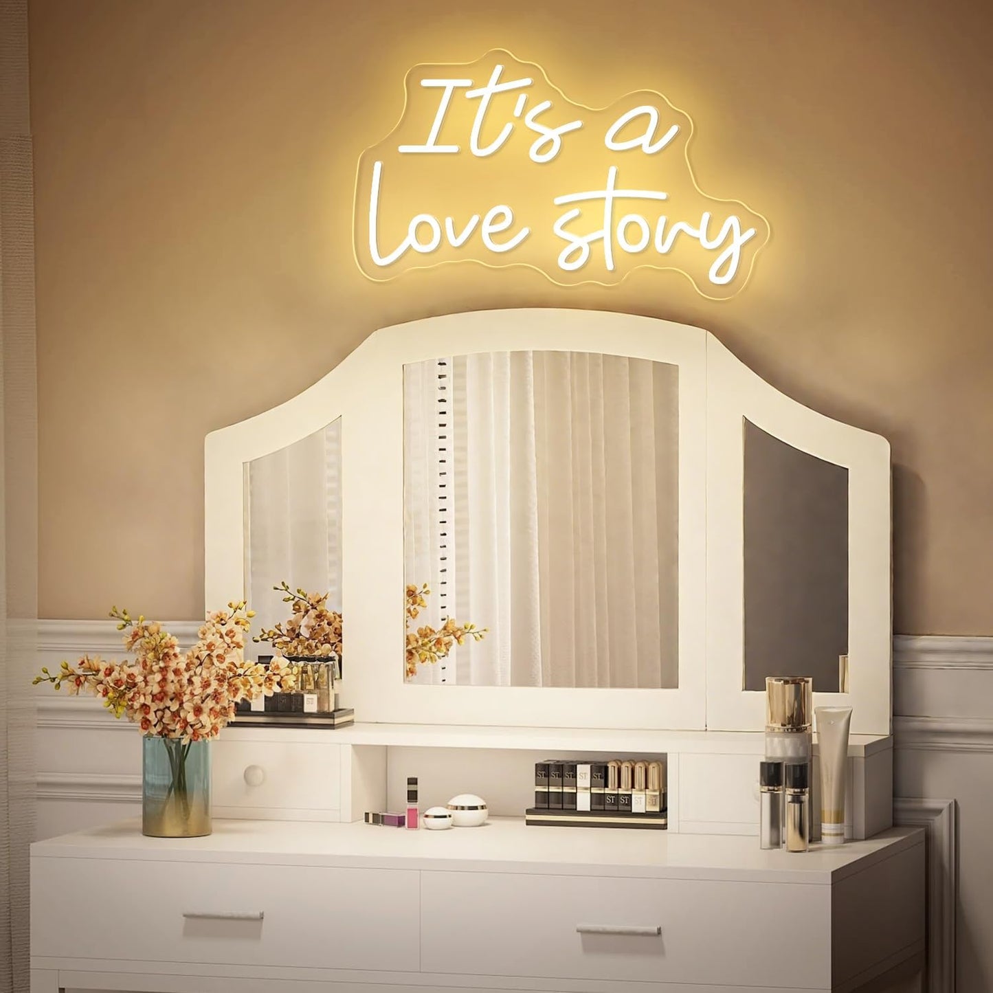 16 Inch It's a Love Story Neon Sign, Warm White Love Story LED Neon Light for Makeup Vanity, Bedroom, Office Decor, Neon Light for Valentines Day Party Backdrop, Wedding, Birthday, Anniversary Decorations Valentine's Day Gifts