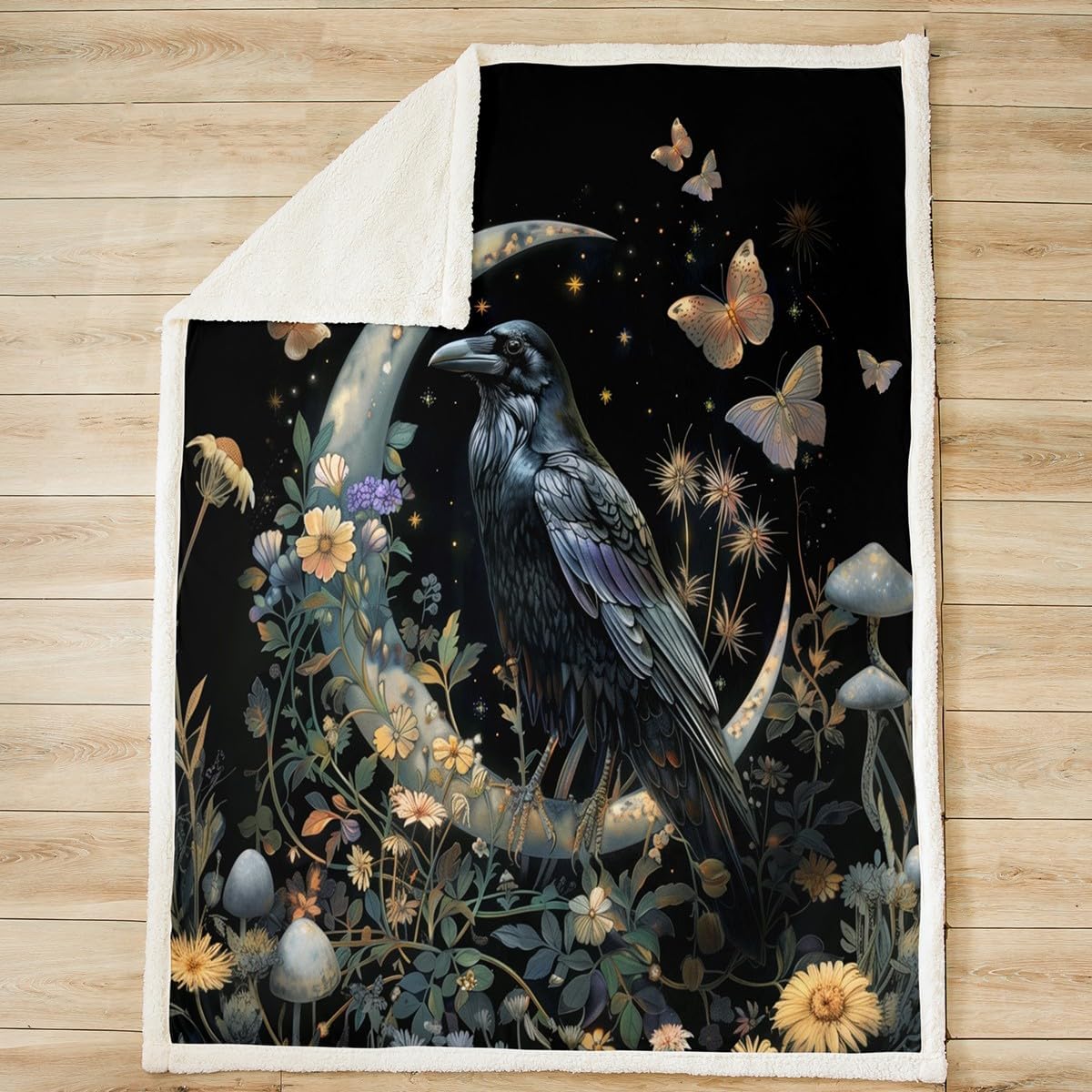 Black Crow Throw Blanket,Moon Daisy Flower and Butterfly Bed Blankets,Kids Boys Teens Room Decor,Halloween Theme Animals Plants Fleece Blanket Boho Trippy Fuzzy Blanket,for Chair/Sofa,40"×50"