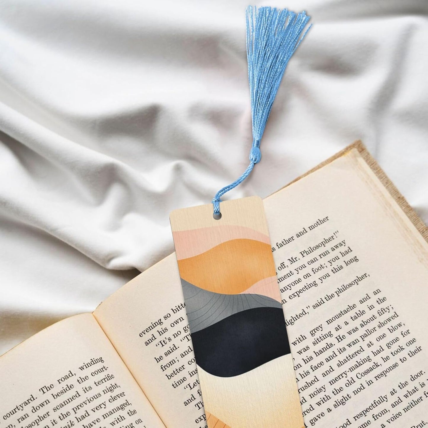 Curve Bookmarks Gifts for Women Men, Wooden Bookmarks for Book Lovers, Vintage Book Marks Ornaments with Tassel, Unique Personalized Reading Page Markers Sky Blue