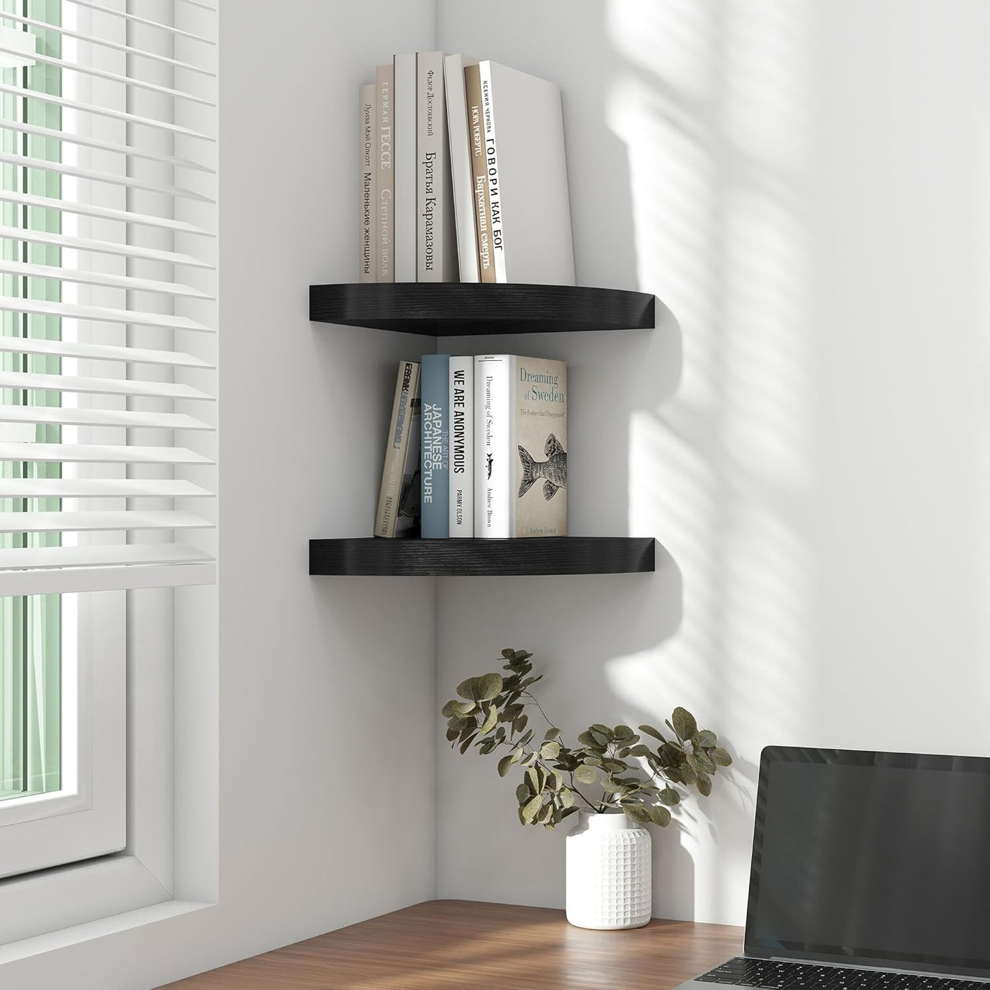 Fun Memories Floating Corner Shelves Set of 2 - Rustic Wood Wall Mounted Storage and Display Shelves for Living Room, Bedroom, Kitchen, Bathroom - Space Saving Home Decor, Black