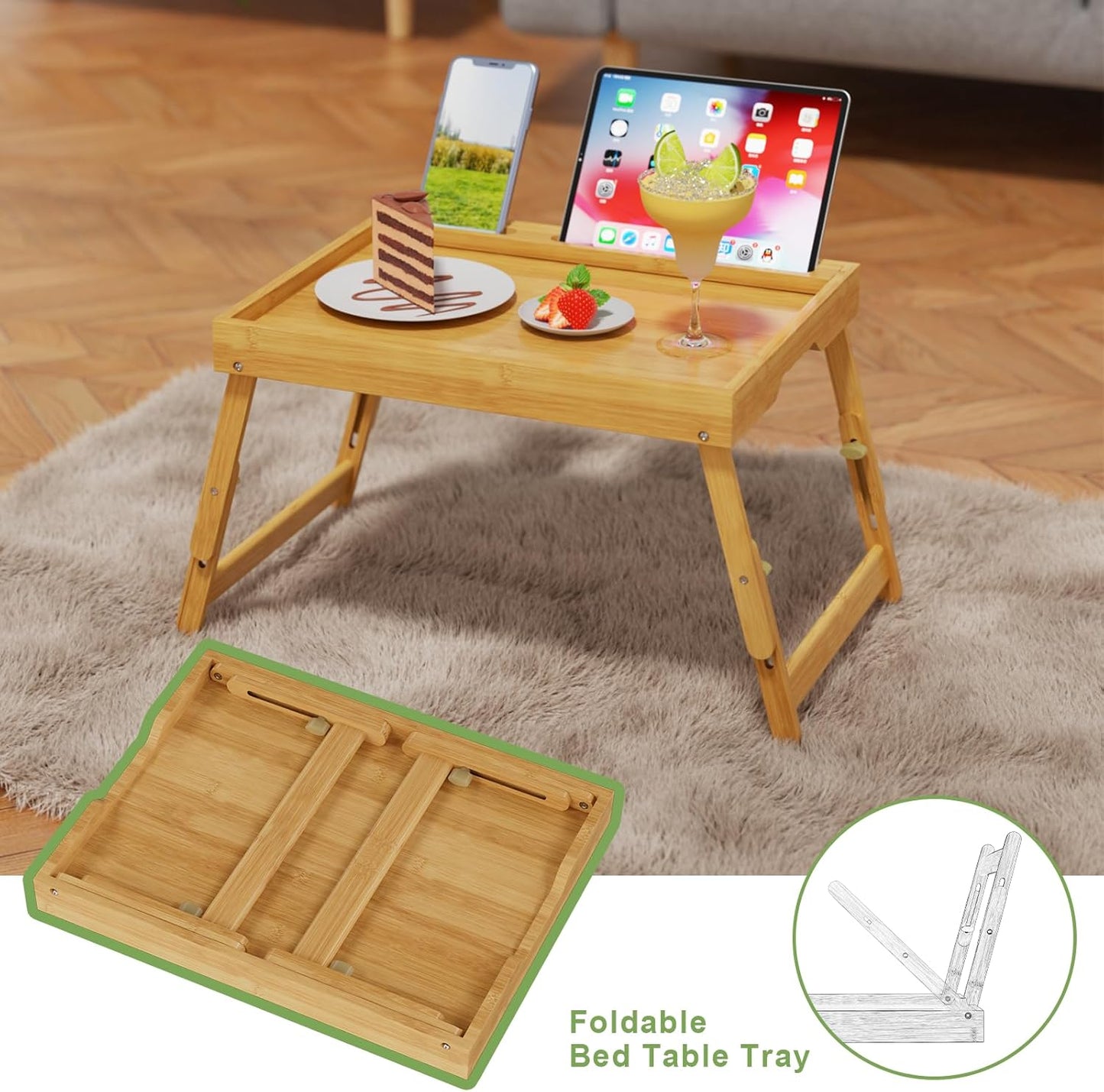 Artmeer Bed Tray Table with Folding Legs, Bamboo Breakfast Food Tray with Media Slot, Use As Platter, Laptop Desk, Snack, TV Tray Kitchen Serving Tray (Bamboo Large Adjustable Legs)