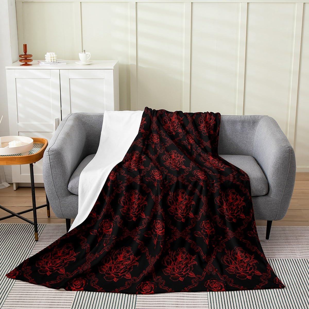 Feelyou Adults Gothic Fleece Throw Blanket Twin 60"x80" Vintage Rose Plush Blanket for Sofa Couch Red Black Damask Fuzzy Blanket Luxury Floral Flower Room Decorations
