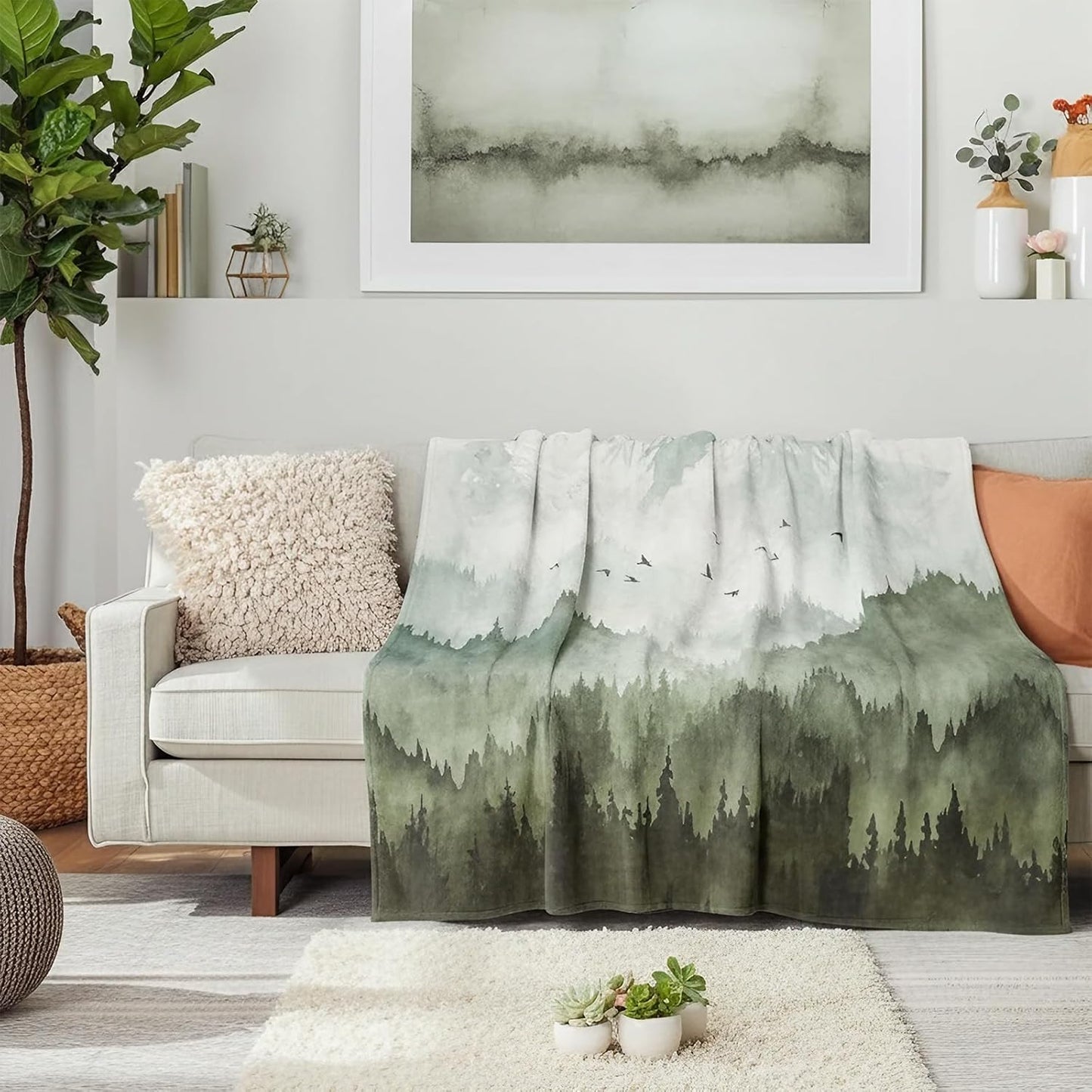 Neasow Watercolor Mountain Forest Fleece Throw Blanket, Nature Misty Foggy Sage Green Tree Landscape Art Nap Blankets Gift Sofa Bed Couch Chair or Dorm Throws 50×60 inches