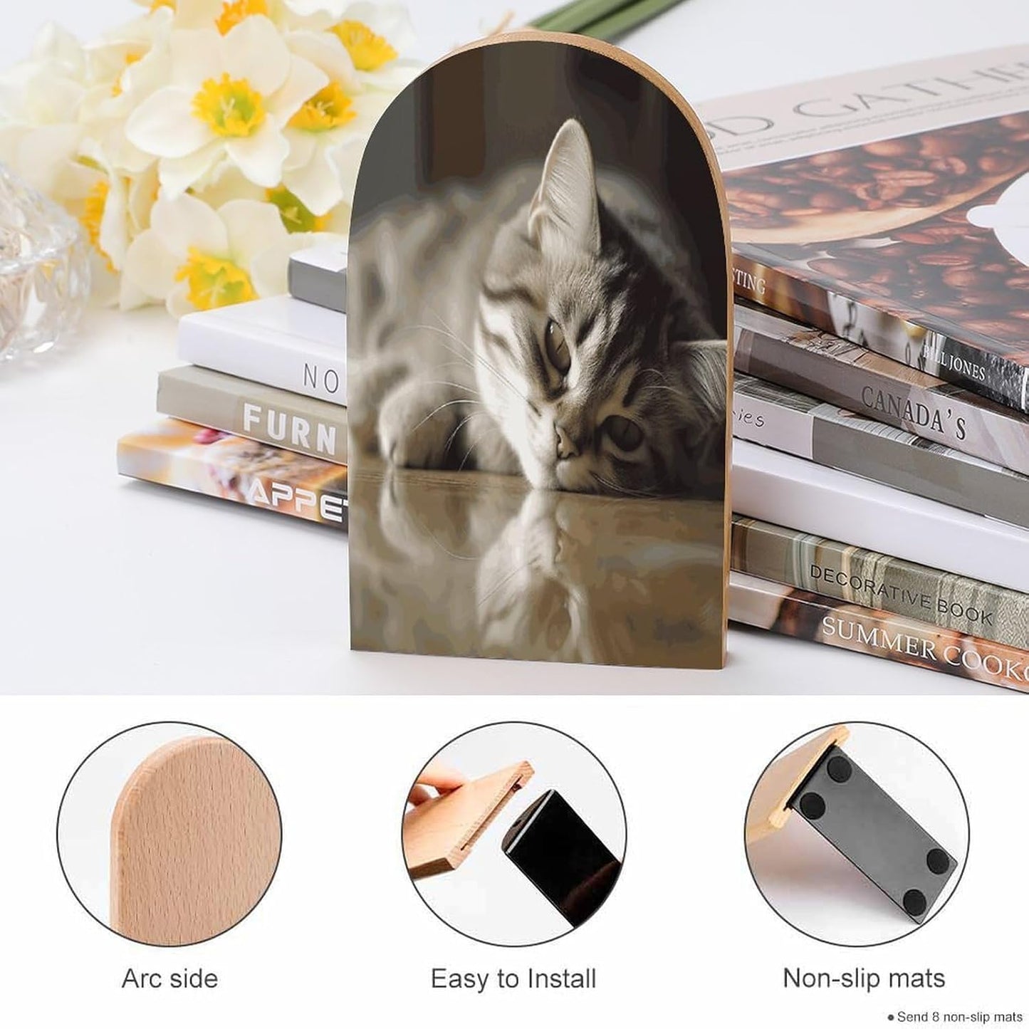 Sleeping Cat Bookends 1 Pair Heavy Duty Book Ends for Shelves Non-Skid Bookend Supports Wooden Book Holders with Metal Base Desk Organizers Books Storage to Hold Books