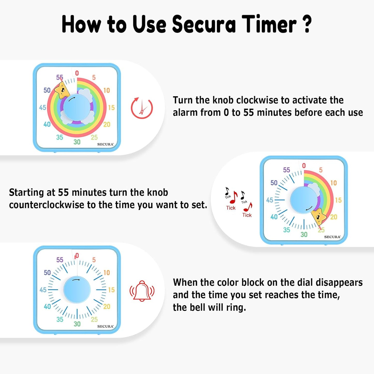 Secura 60-Minute Visual Timer, 7.5 Inch Magnetic Rainbow Countdown Timer for Classroom or Kitchen, Durable Mechanical Timer Clock with Magnetic Backing (Blue & Star)