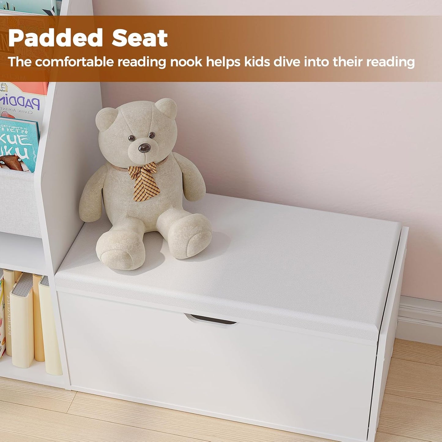 47.2’’ Kids Bookshelf with Reading Nook, Toy Storage Organizer with Seat Cushion, 5-Tier Sling Bookcase and Storage with Bench, for Playroom, Kids Room, Living Room, Nursery, White KBWT8501