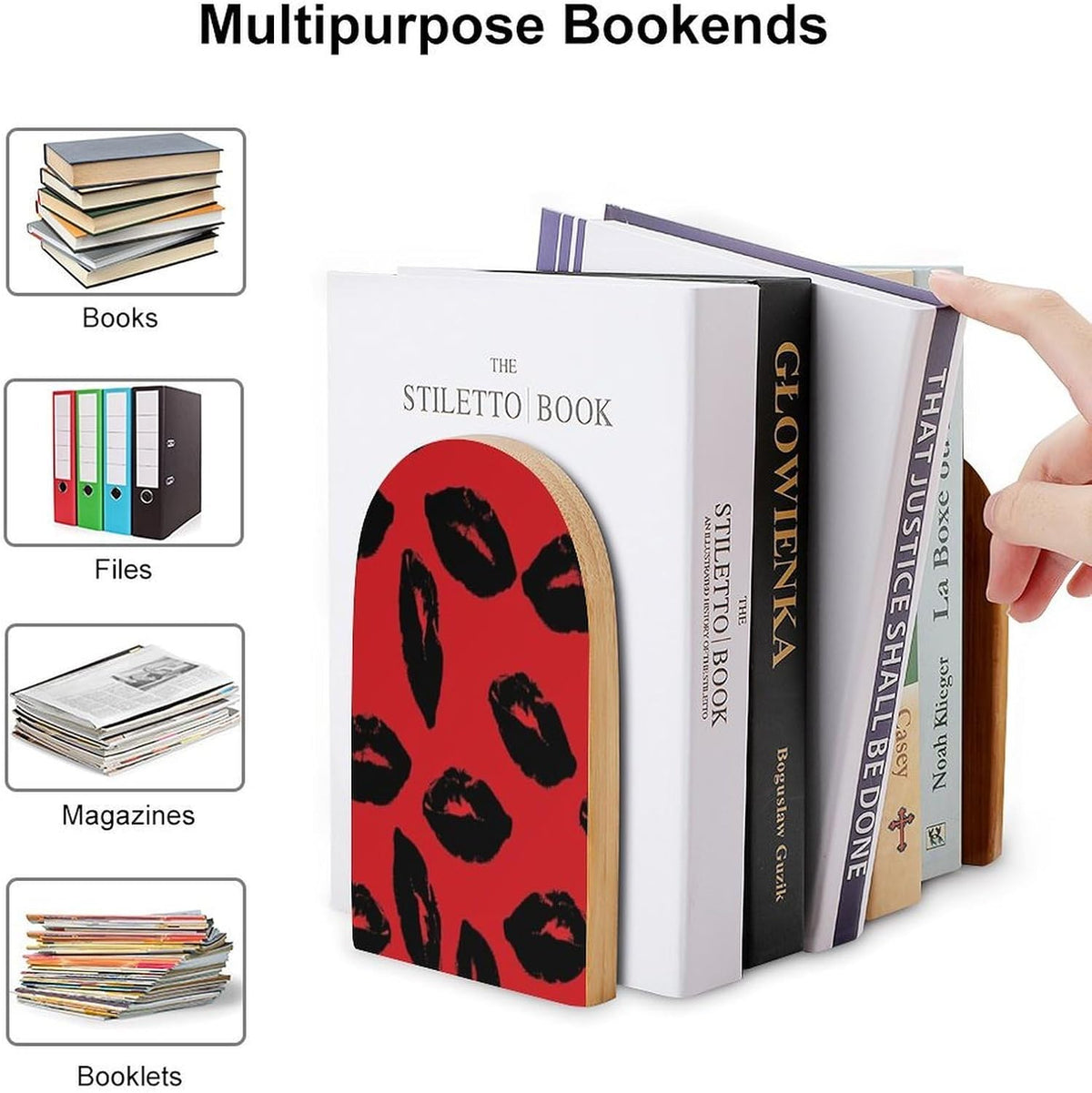Red and Black Lips Wooden Bookend Non-Slip Book Ends Heavy Duty Book Stopper with Metal Base Books Holderd Decorative Bookends Stands Firmly for Office Supplies