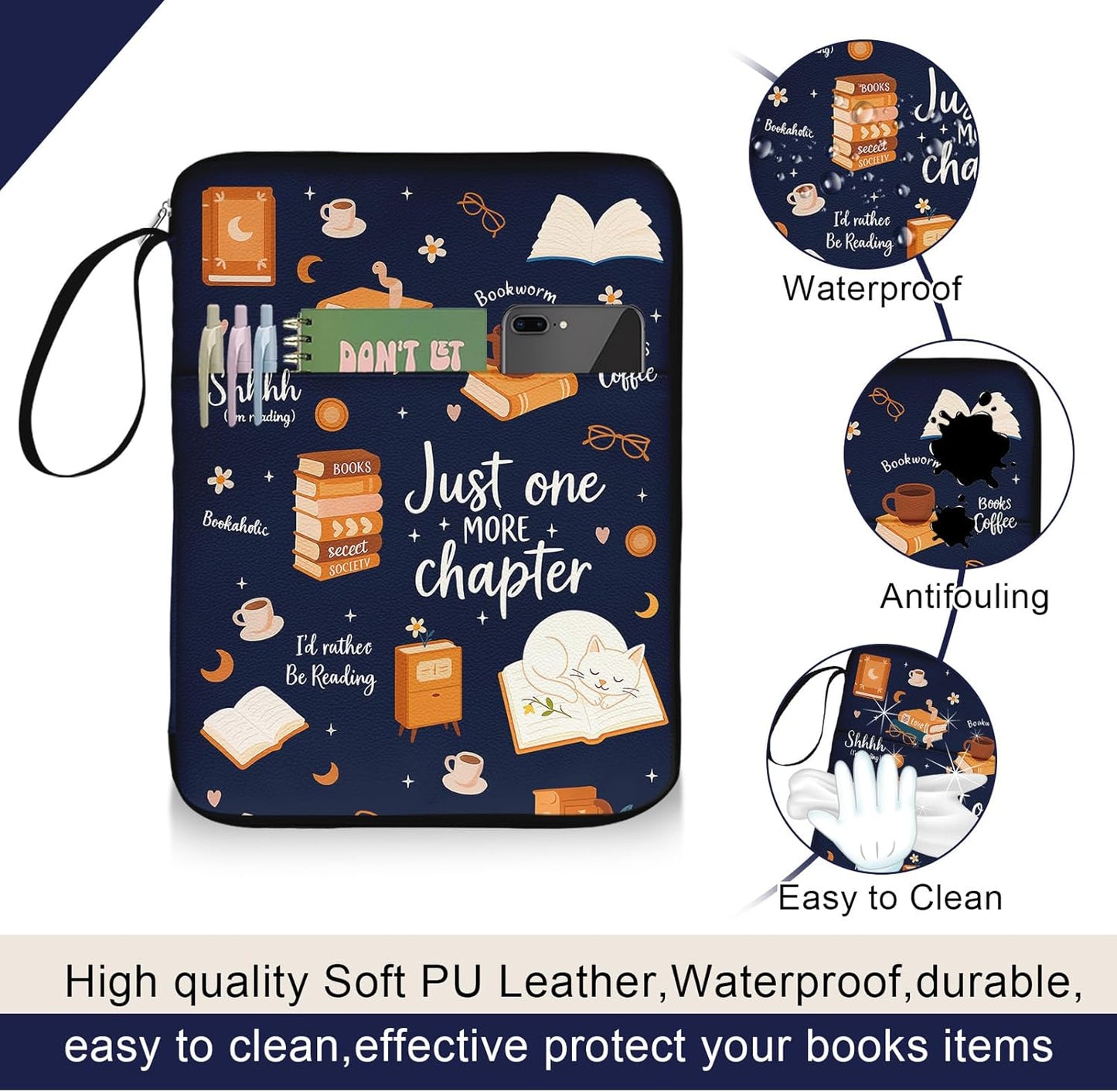 Book Sleeve for Book Lovers,Just One More Chapter Waterproof PU Leather Travel Book Carrying Case,Book Pouch with Zipper,Cute Cat Book Portable Book Protector Cover Bag for Hardcover Paperbacks Gift
