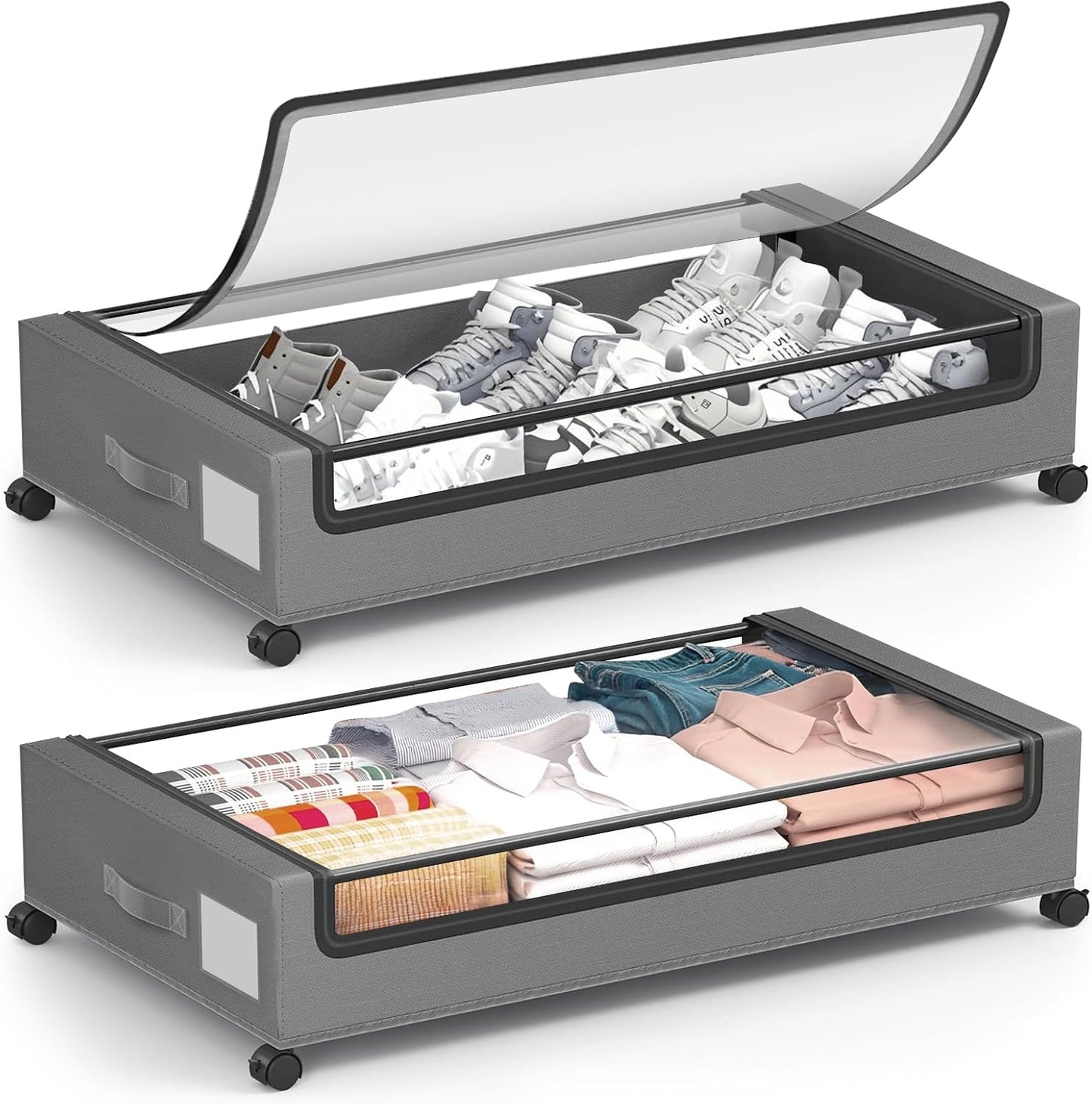 Under Bed Storage Containers with Wheels - Foldable Organizer Bins for Blankets, Clothes, Shoes, Toys, and Comforters.Capacity, Space Saving, Easy Pull Out, Clear PVC (Gray-2)
