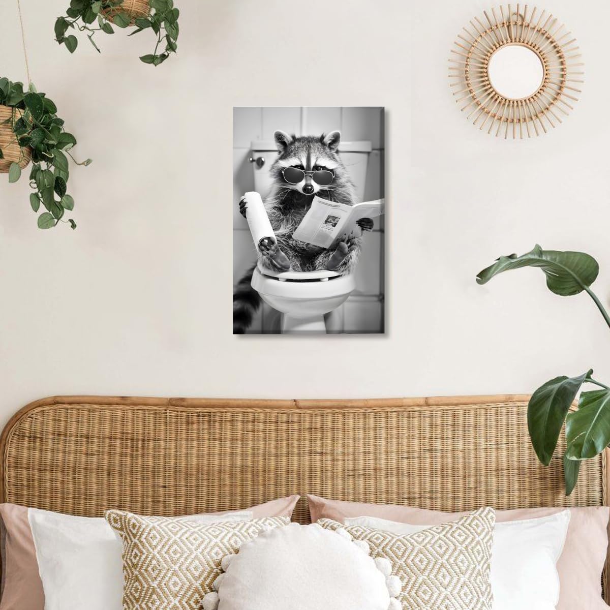 Funny Bathroom Wall Art Raccoon on Toilet Reading Newspaper Poster Trendy Black and White Art Aesthetic Canvas Prints for Bedroom Toilet Wall Decor12x18inch Unframed
