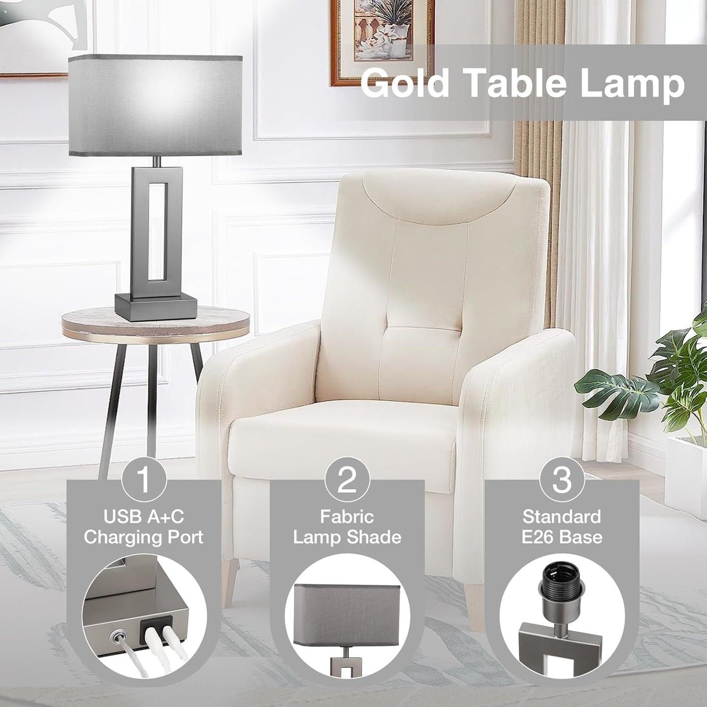 Seealle Bedroom Table Lamps Set of 2 - Grey Touch Bedside Lamps with USB C+A, 3 Way Dimmable Gold Lamp for Nightstand, Modern Night Stands Lamps for Living Room End Tables