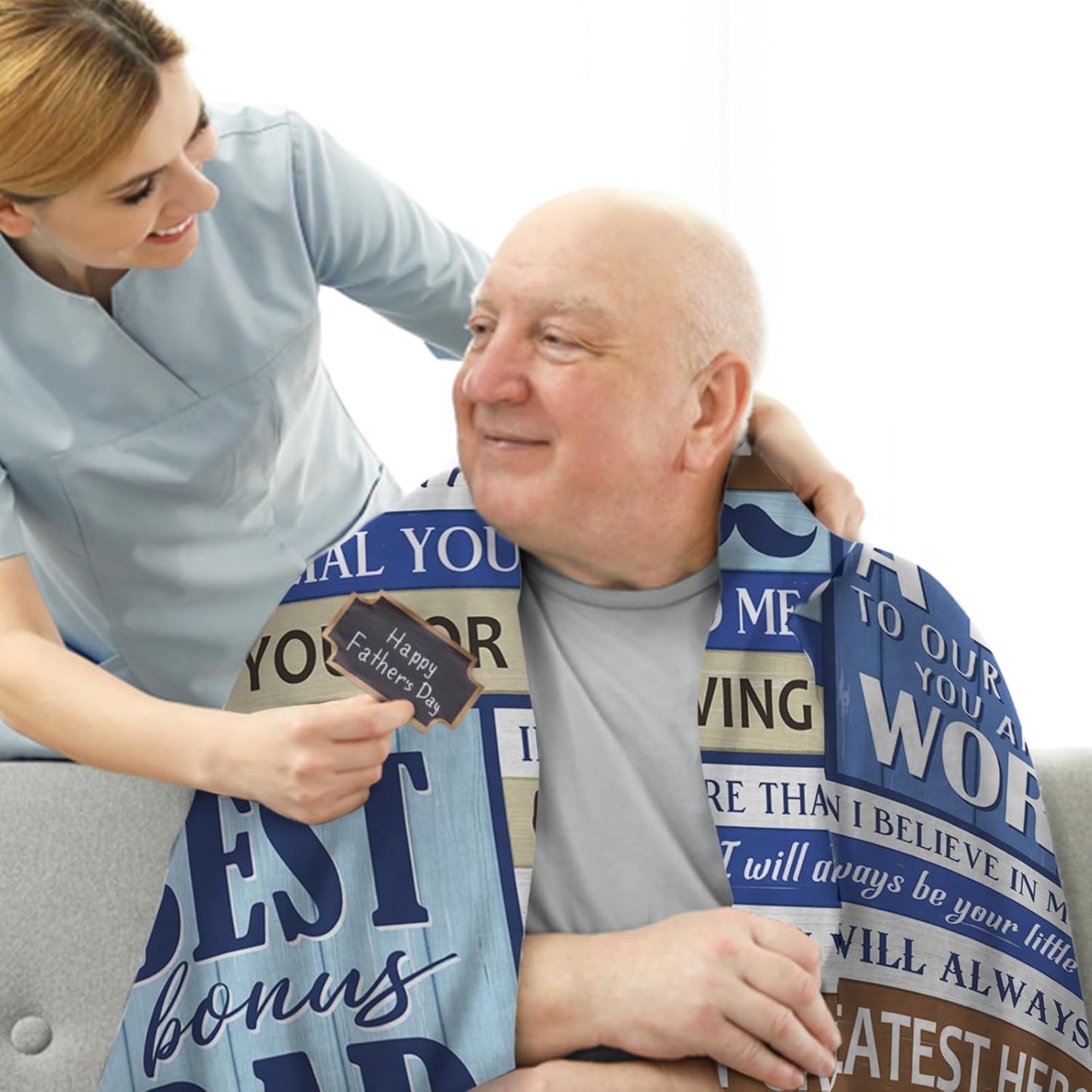 Bonus Dad Gift from Daughter Son Flannel Throw Blanket, for Stepped up Dad, Birthday Ideas for Men, Blue Soft Farmhouse Bedding Sofa Blankets Present 50 x 60 in
