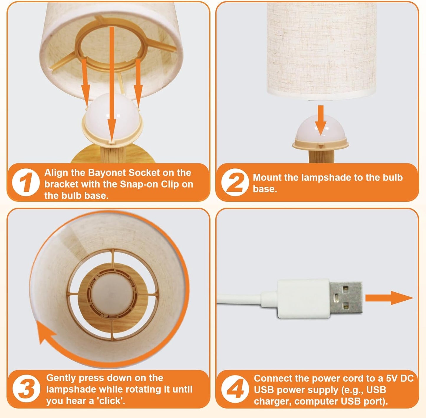 Touch Bedside Table Lamp - Stepless Dimming USB Powered, Minimalist Wood Base Linen Shade, 2700K Warm Light for Bedroom Nightstand Nursery Dorm Small Spaces, 5W LED 50K Hrs (No Bulb Replacement)