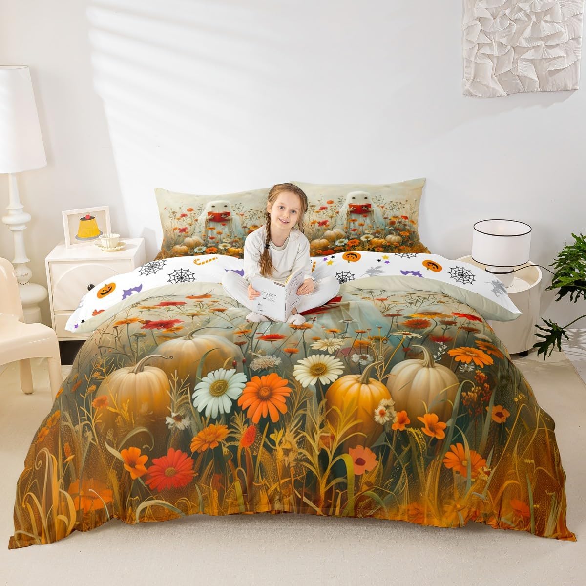 Manfei Reading Ghost Duvet Cover Set Twin Size,Autumn Pumpkins Flower Bedding Set 2pcs,Cute Halloween Theme Quilt Cover,Kids Boys Girls Room Decor,1 Pillowcase,No Comforter