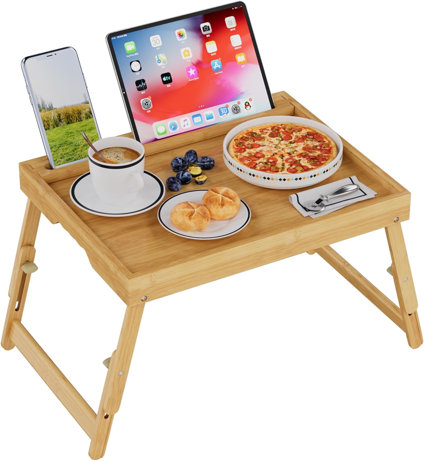 Artmeer Bed Tray Table with Folding Legs, Bamboo Breakfast Food Tray with Media Slot, Use As Platter, Laptop Desk, Snack, TV Tray Kitchen Serving Tray (Bamboo Large Adjustable Legs)