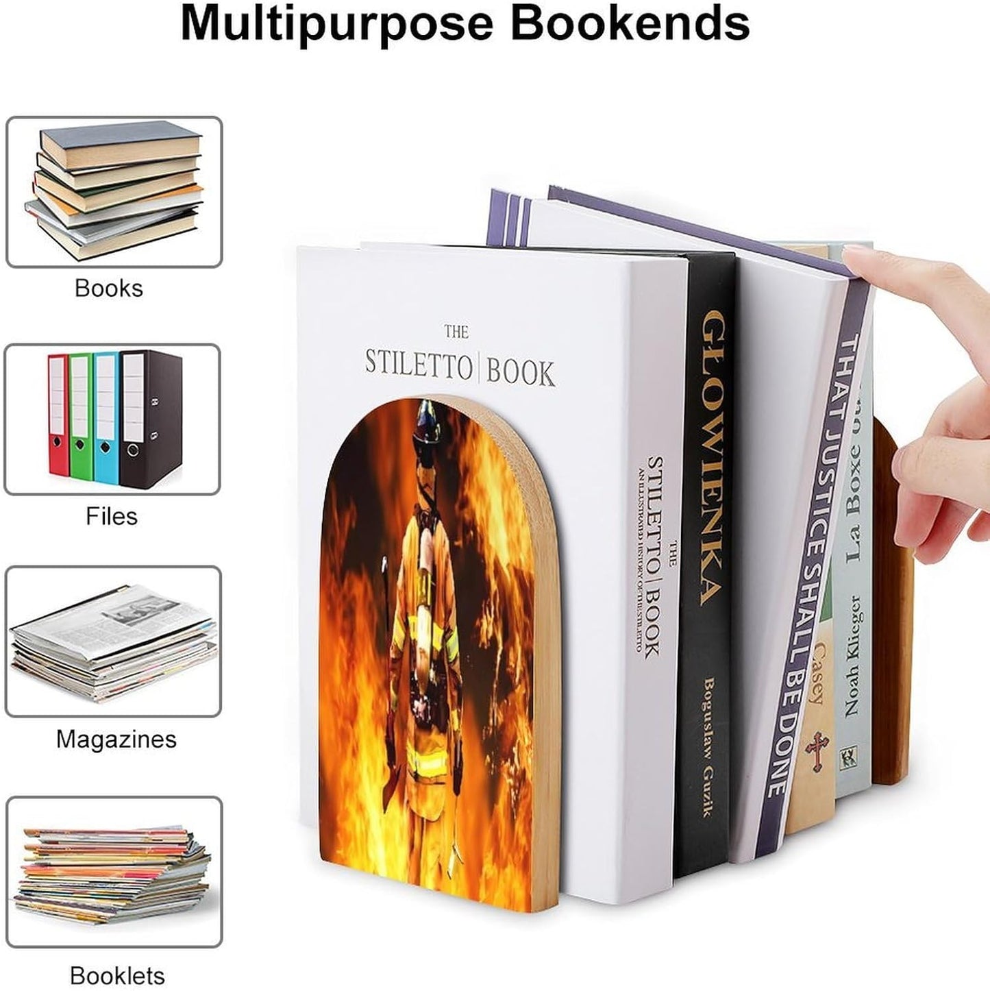 Firefighter Fireman Flame Wooden Bookend Non-Slip Book Ends Heavy Duty Book Stopper with Metal Base Books Holderd Decorative Bookends Stands Firmly for Office Supplies