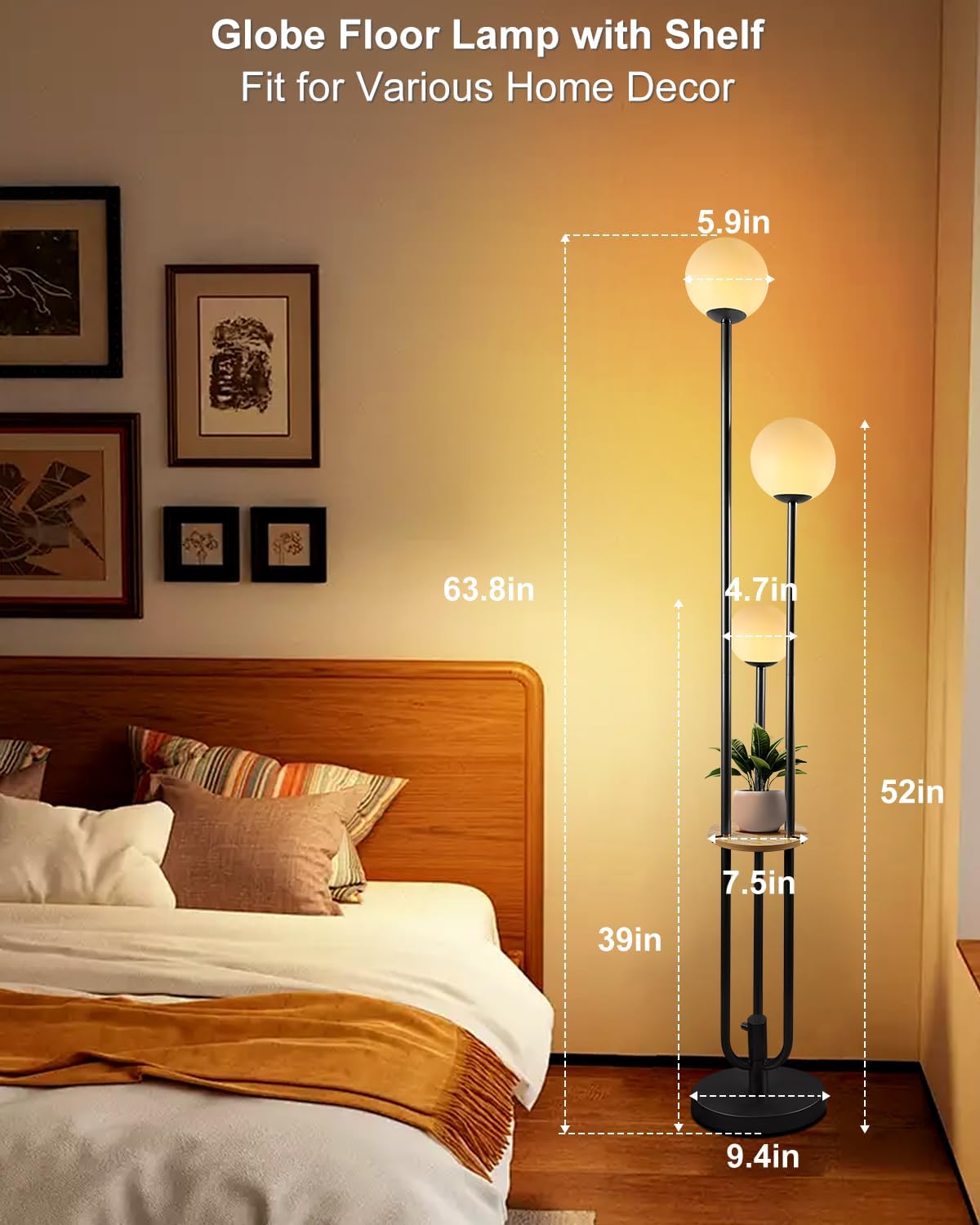 63IN Dimmable Floor Lamp with Shelf, Unique Globe Black Tall Standing Lamps Candle Holder Style, 3000K Warmwhite Mid Century Modern Floor Lamp for Living Room Home Office(Bulbs Included)