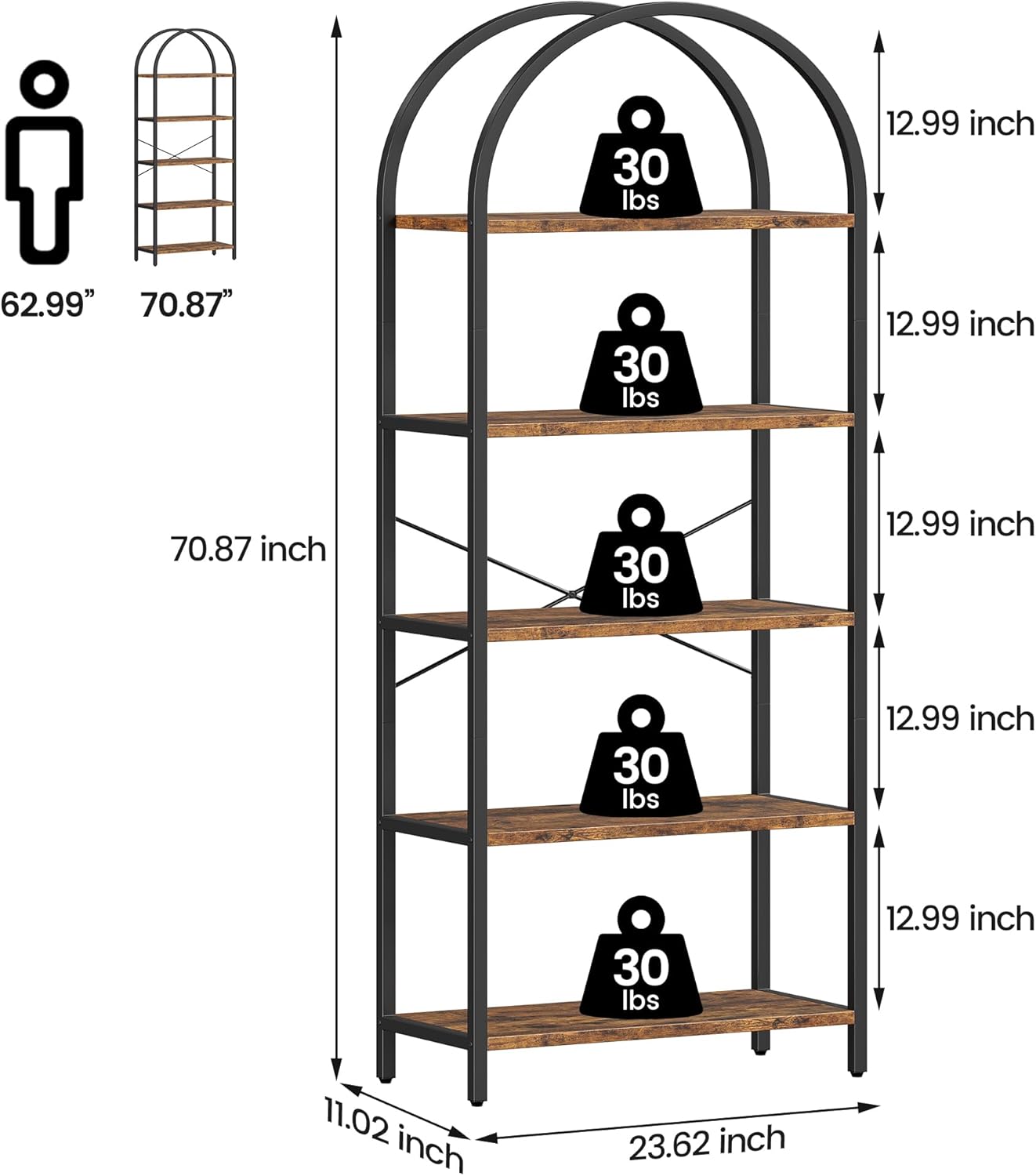 CABIHOME Bookshelf Tall Bookcase Arched Standing Bookshelves Modern Display Racks 5 Tier Storage Rack Shelf Large Wood Book Shelf for Bedroom, Living Room, Home Office