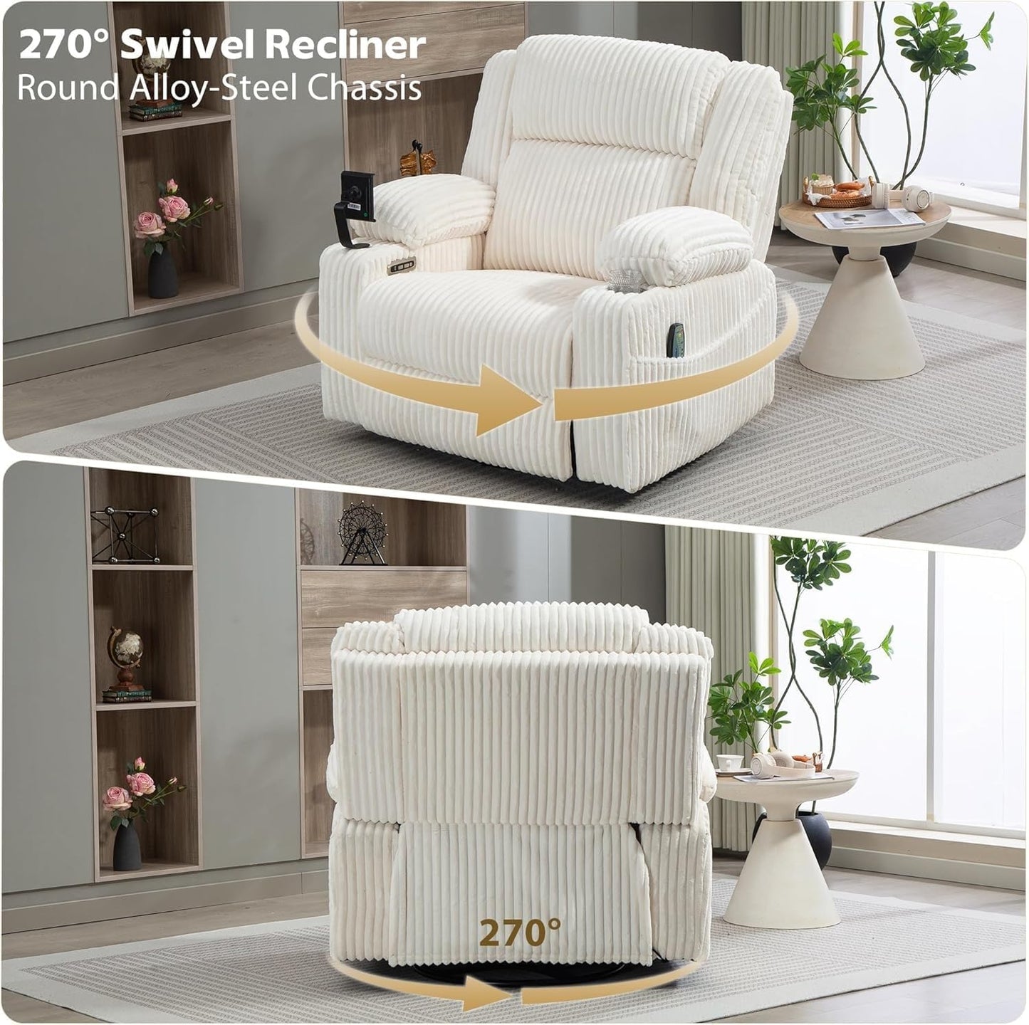 Power Oversized Swivel Rocker Recliner Chair with Dual Motor Adjustable Headrest Glider Rocking Chairs with Vibration and Heat for Home Furniture