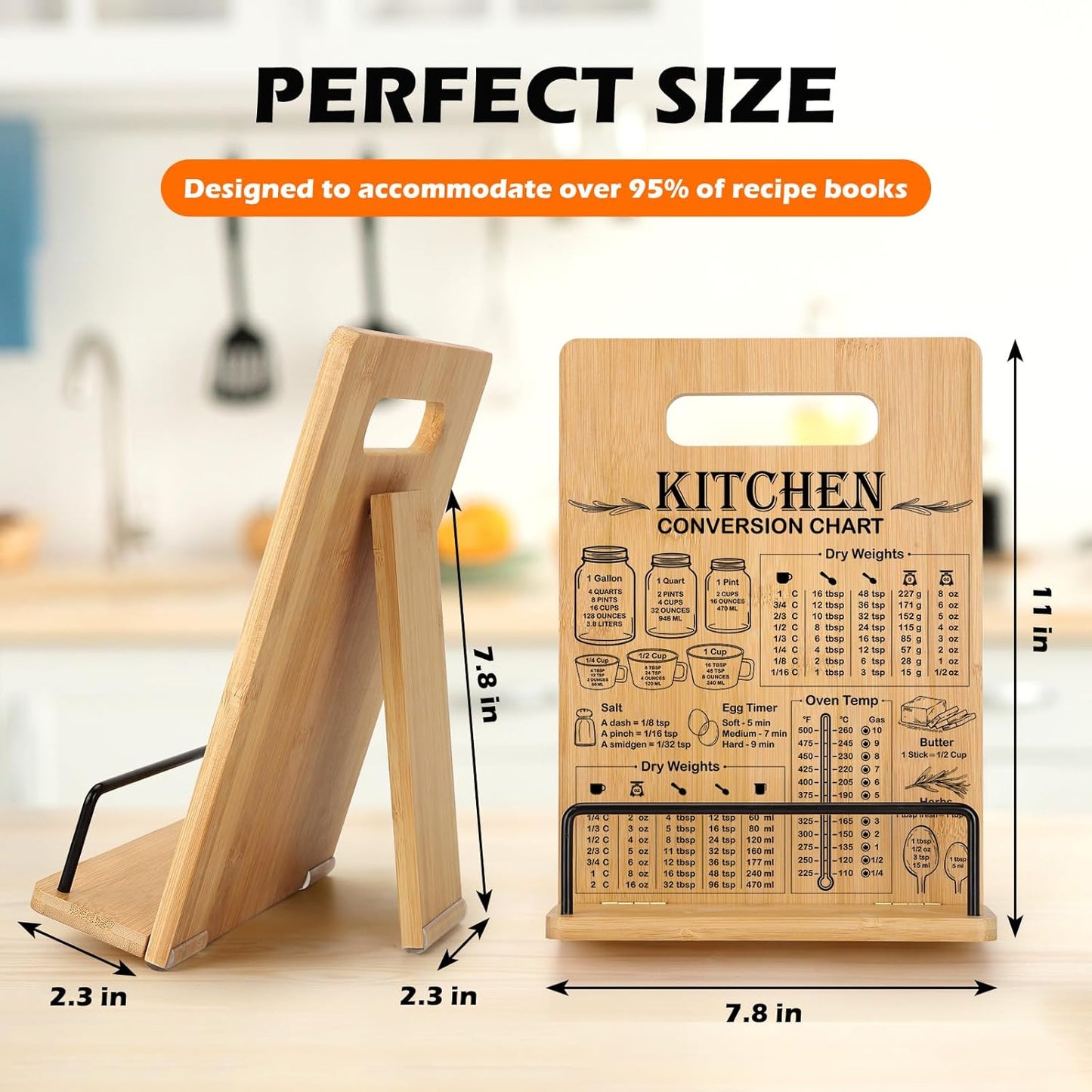 Bamboo Cookbook Stand for Kitchen Counter, Recipe Book Holder with Measurement Conversion Chart, Adjustable Cookbook Holder, Essential Accessories Women Gifts for Easter Birthday Mothers Day