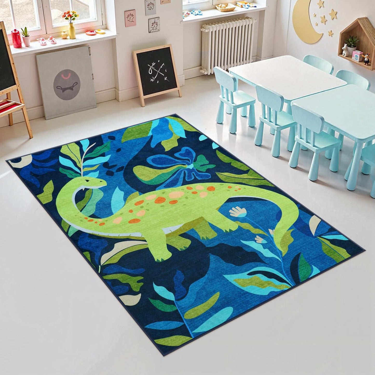 LIVEBOX Washable 3x5 Dinosaur Rugs for Boys Bedroom, Soft Animal Rug for Kids Playroom, Non-Slip Washable Rugs for Entryway Office，Kids Carpet for Nursery Classroom (Blue,3'x5')
