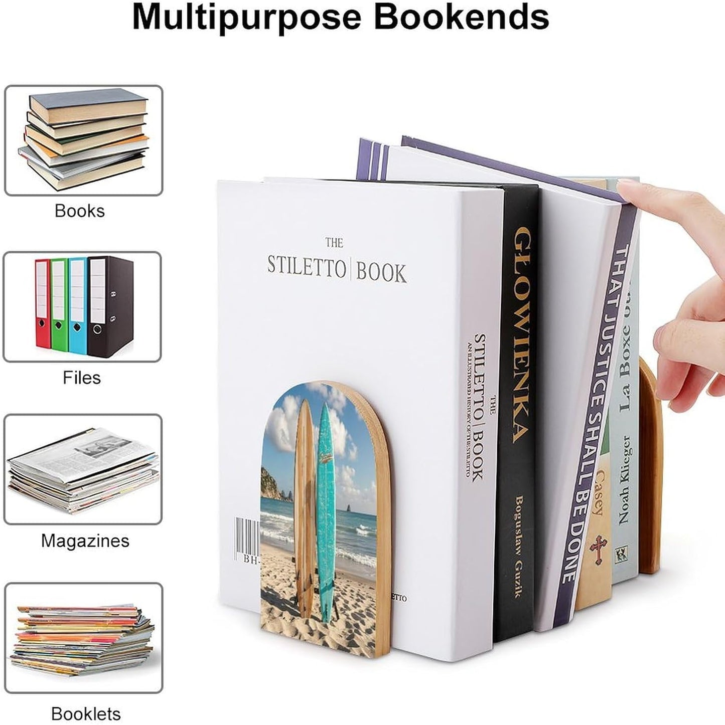 Vintage Turquoise Wood Surfboard Bookends 1 Pair Heavy Duty Book Ends for Shelves Non-Skid Bookend Supports Wooden Book Holders with Metal Base Desk Organizers Books Storage to Hold Books