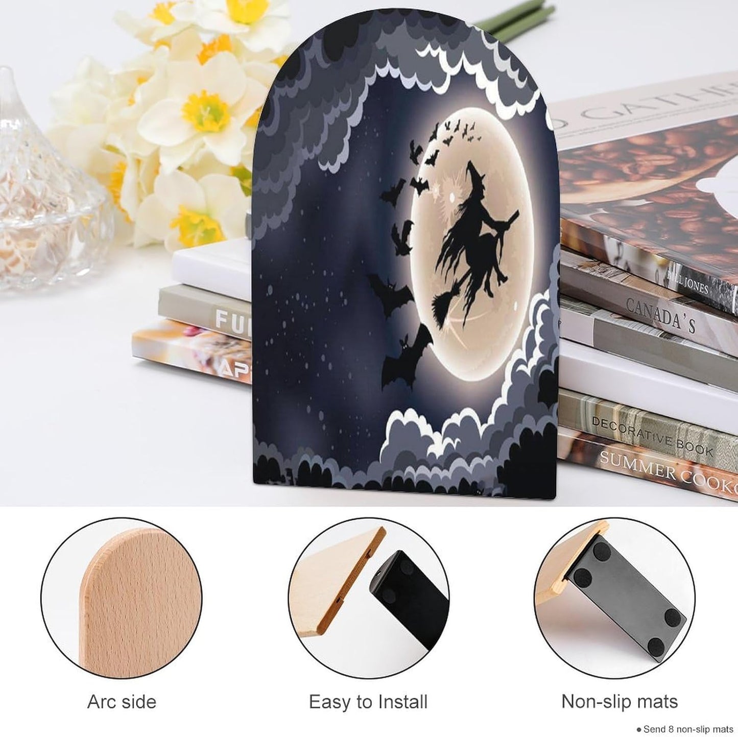 Halloween Flying Witch Wooden Bookend Non-Slip Book Ends Heavy Duty Book Stopper with Metal Base Books Holderd Decorative Bookends Stands Firmly for Office Supplies
