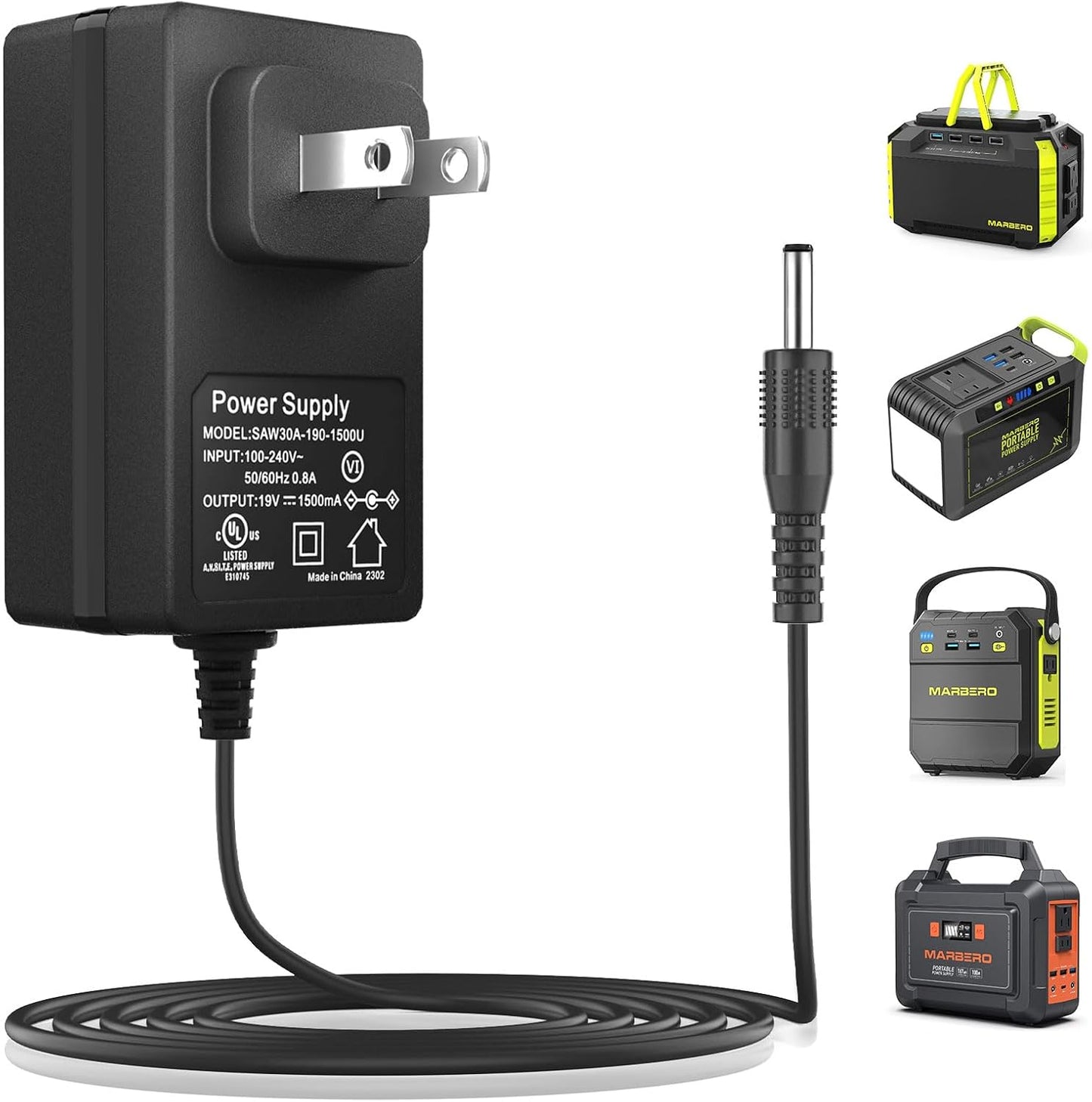 MARBERO 19V AC/DC Adapter Power Cord Power Supply Plug Compatible with MARBERO M82 M82MAX M822 M822MAX M87 M88 M168 Portable Power Station Solar Generator Lithium Battery 1.5A Wall Adapter Charger