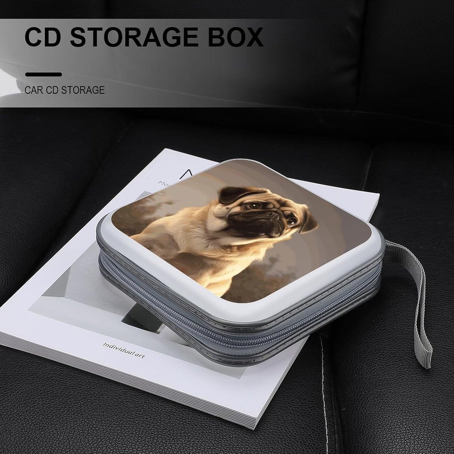 Cute Pug Dog CD Case 40 Capacity Case Zipper CD Collection Bag with Handles Cover DVD Storage Hard Plastic DVD Disc Cases Storage Binder for Car Home Office Travel