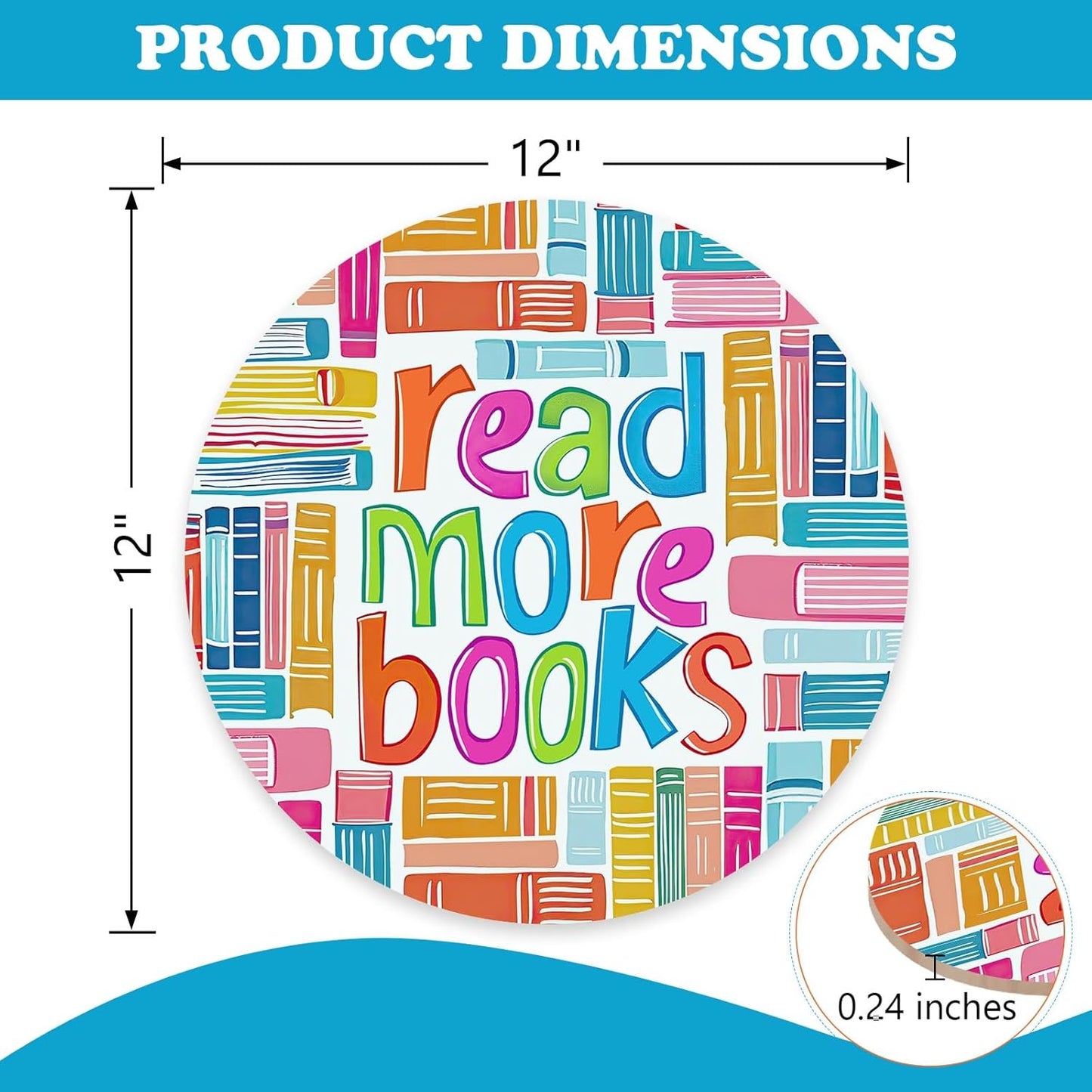 Reading Corner Read More Books Front Door Sign, Inspirational Library Wood Plaque Hanger School Classroom Study Decor, Wooden Wreath Wall Hanging Decoration Bookish Reader Book Lover Gift