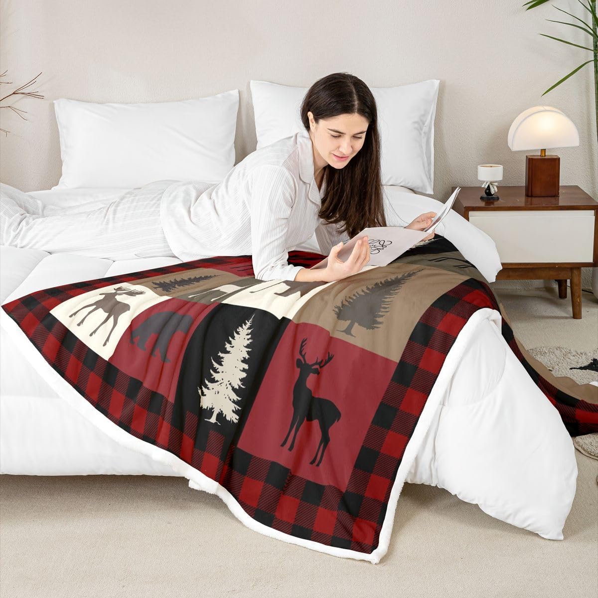 Feelyou Rustic Sherpa Throw Blanket for Couch Cabin Lodge Bear Deer Super Soft Cozy Fleece Western Country Blanket Plush Throw Farmhouse Moose Baby 30"x40" Red Brown Buffalo Check All Season