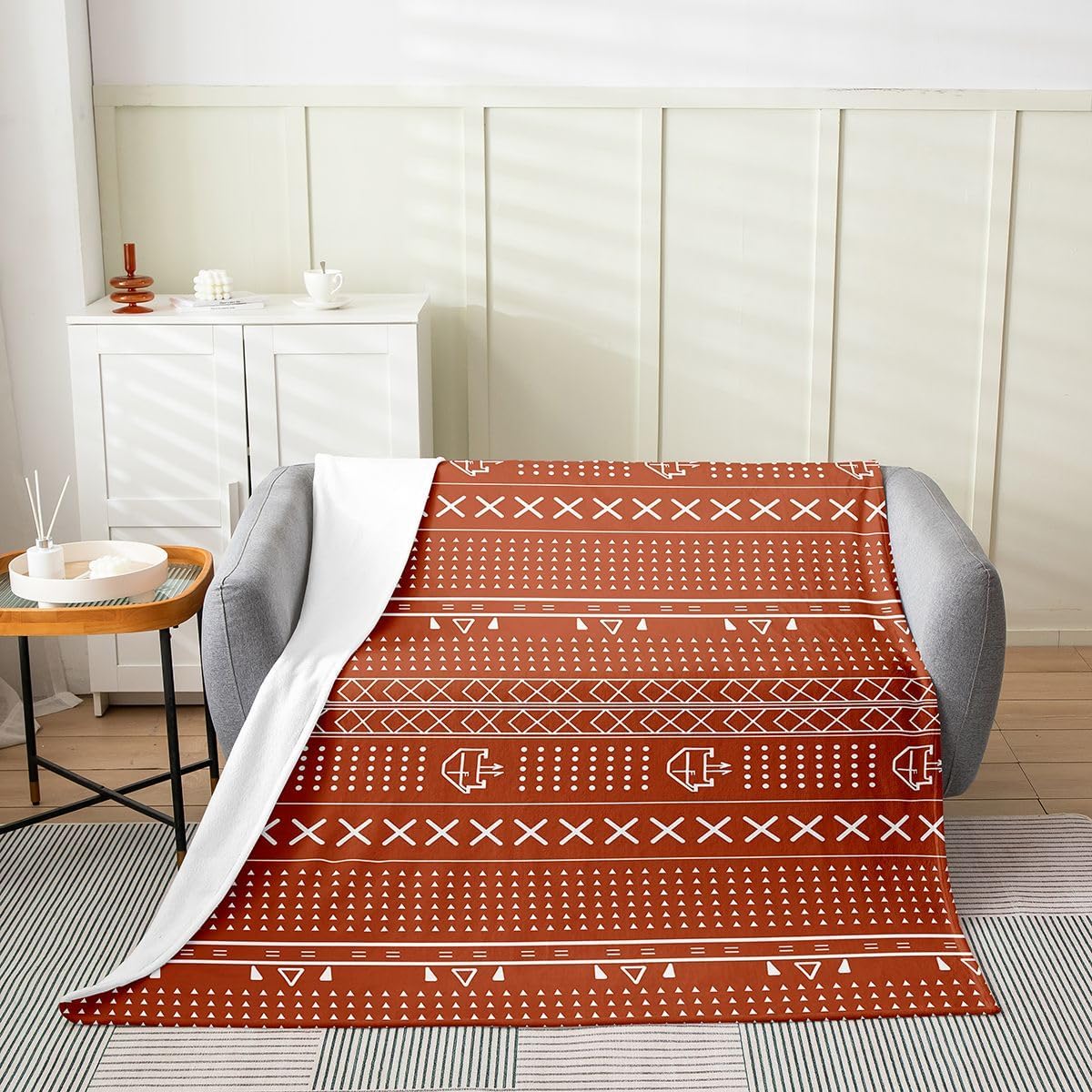 Exotic Geometric Throw Blanket Ethnic African Inspired Boho Plush Blanket for Women Men Soft Rusty Red Stripe Line Fleece Blanket Arrow Fuzzy Blanket Room Decor Flannel Blanket Throw 50"x60"