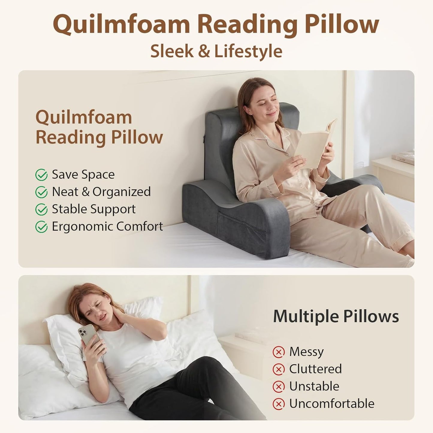 Quilmfoam Reading Pillow for Sitting in Bed Adult, Back Pillow for Sitting Up with Arms, Bed Pillow Back Support for Reading, Nursing, TV, Gaming & Working, Removable Cover, Lightweight 21"