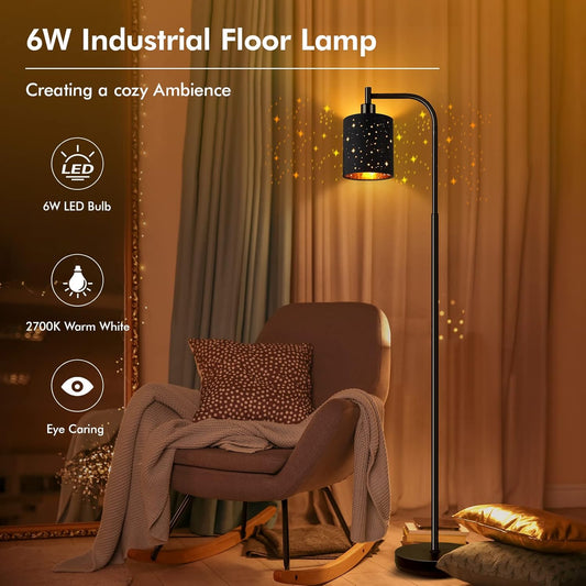 Gothic Industrial Floor Lamp with Starry Laser Cut Shade, 67" Black Metal Standing Lamp with 6W LED Bulb,Foot Switch, Perfect Halloween Spooky Home Decor,Tall Floor Lamp for Bedroom, Living Room,Black