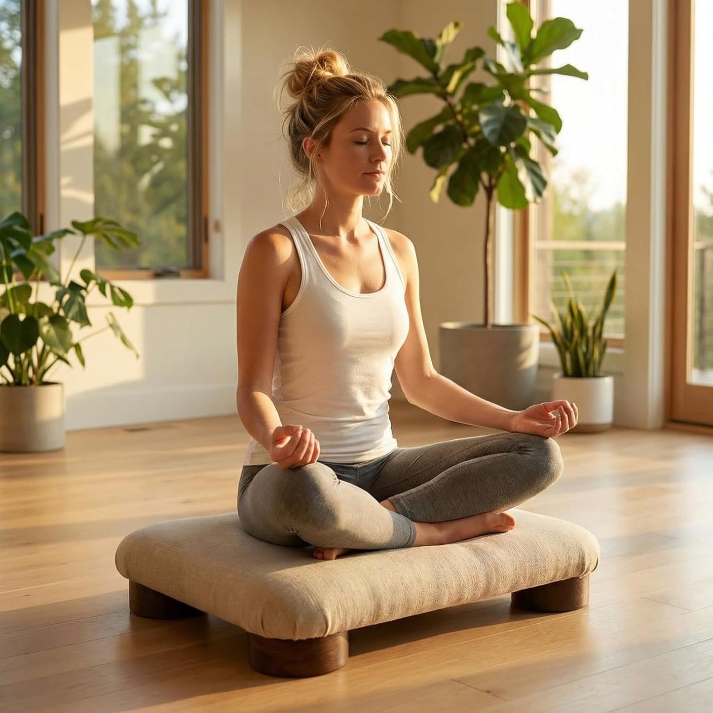 Meditation Floor Cushion with Wooden Legs,Portable Seating Pillow for Yoga, Tea Ceremony,and Living Room, Soft Linen Fabric, Low Profile Floor Seat for Adults(18 * 13.7 * 3.1inch, A)