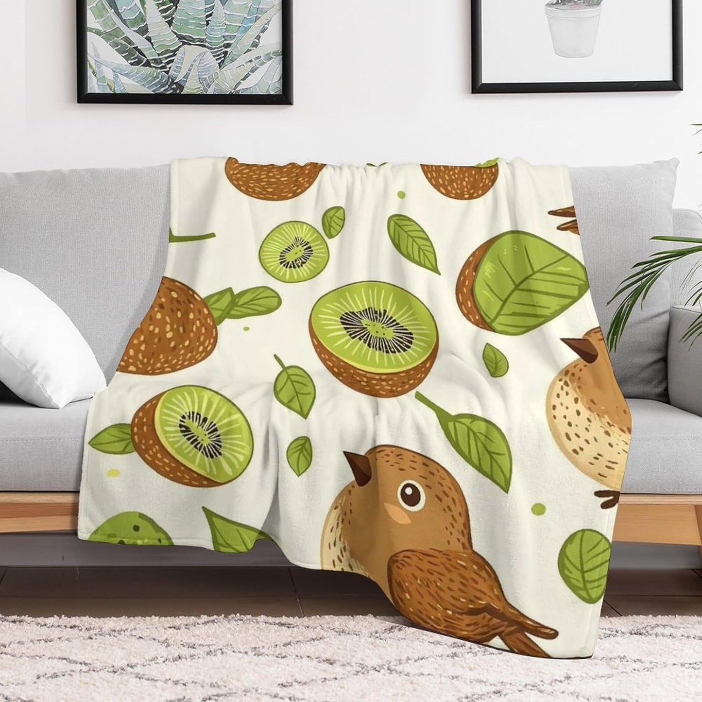 Birds and Kiwi Fruits Throw Blanket for Couch Bed Plush Cozy Fuzzy Flannel Blanket for All Season 66"x90"