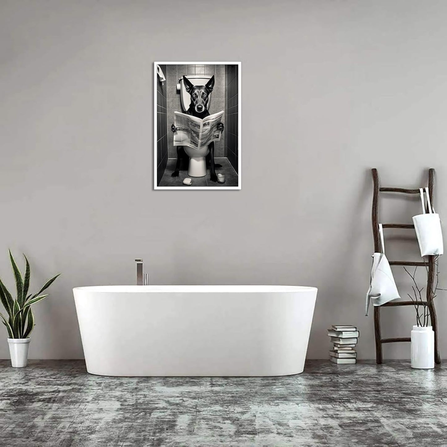 Vintage Dog Reading Newspaper Posters Doberman Sitting On The Toilet Canvas Wall Art Animals Black And White Prints Painting For Bathroom Home Bedroom Dorm Wall Decor 12x16in Unframed