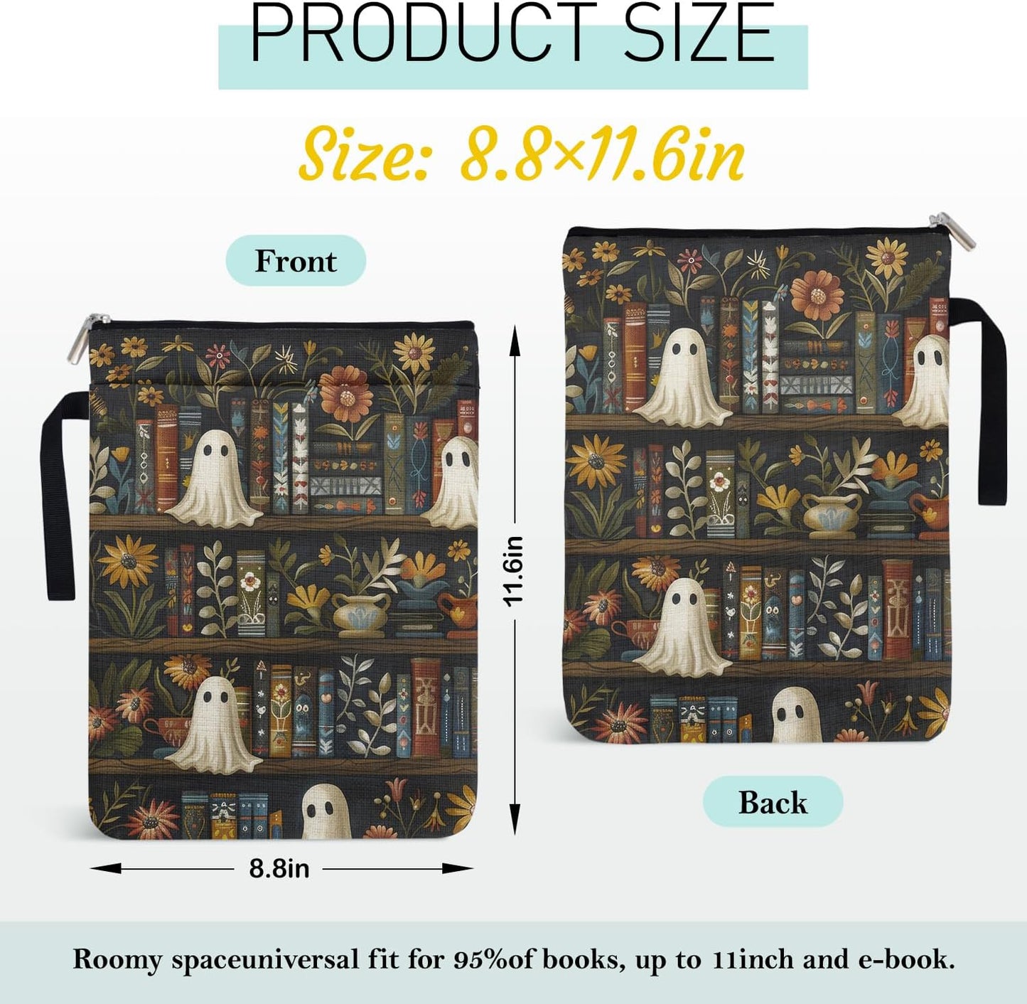 Bookshelf Ghost Pattern Book Sleeve for Book Lovers, Paperback Sleeve for Librarian, Book Cover with Zipper and Handle for paperbacks 9 x 12 Inch, Bookish Group Club Halloween Gifts for Women