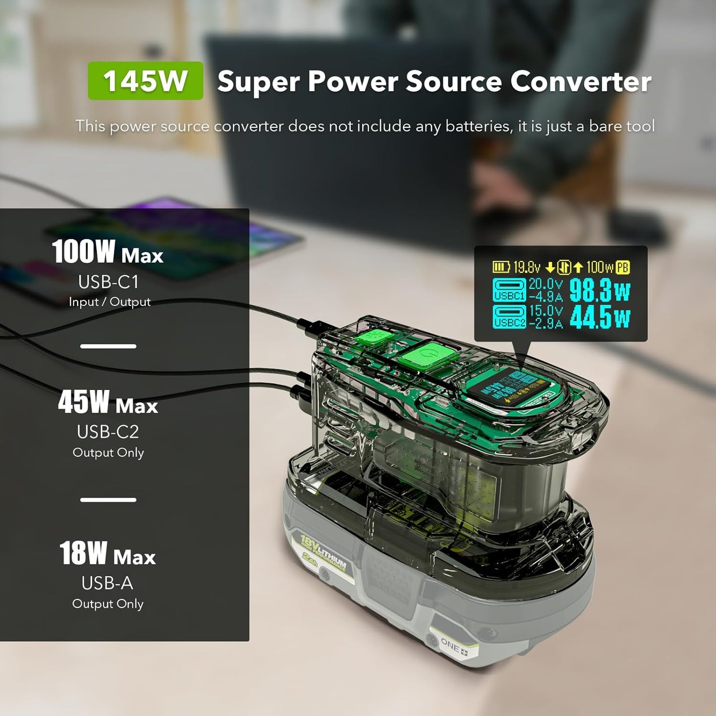 SYMIK 100W Charger & 145W Power Source Converter for Ryobi 18V Batteries, Advanced Two-Way Charger & Portable Power Station w/OLED Screen for Ryobi 18 Volt Li-ion, USB-C & USB-A Port