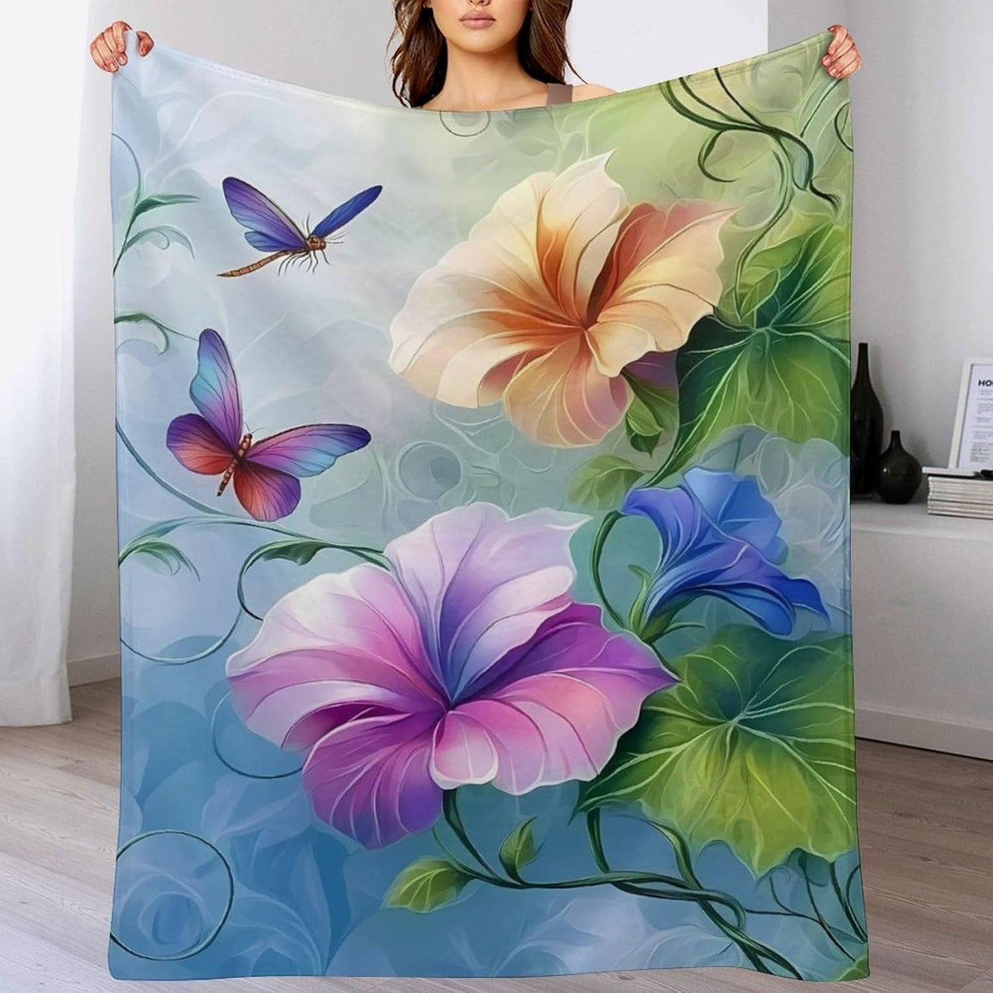 Dragonfly Cup Shaped Romantic Flowers Throw Blanket for Couch Bed Plush Cozy Fuzzy Flannel Blanket for All Season 55"x70"